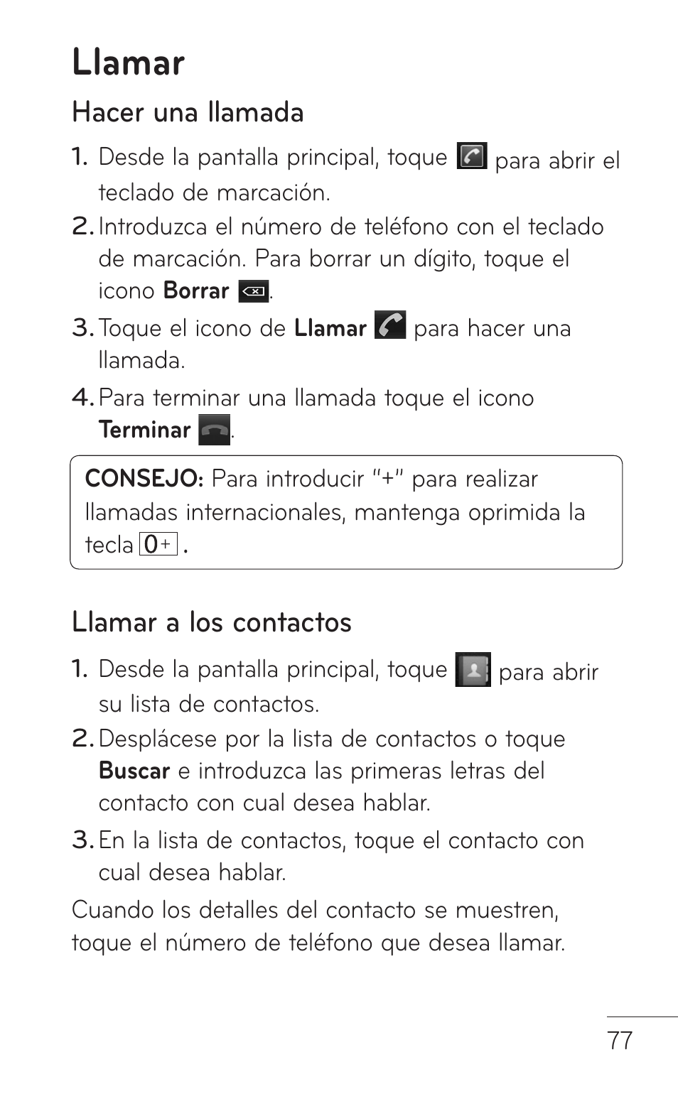 Llamar, Hacer una llamada, Llamar a los contactos | LG LGP509 User Manual | Page 269 / 396