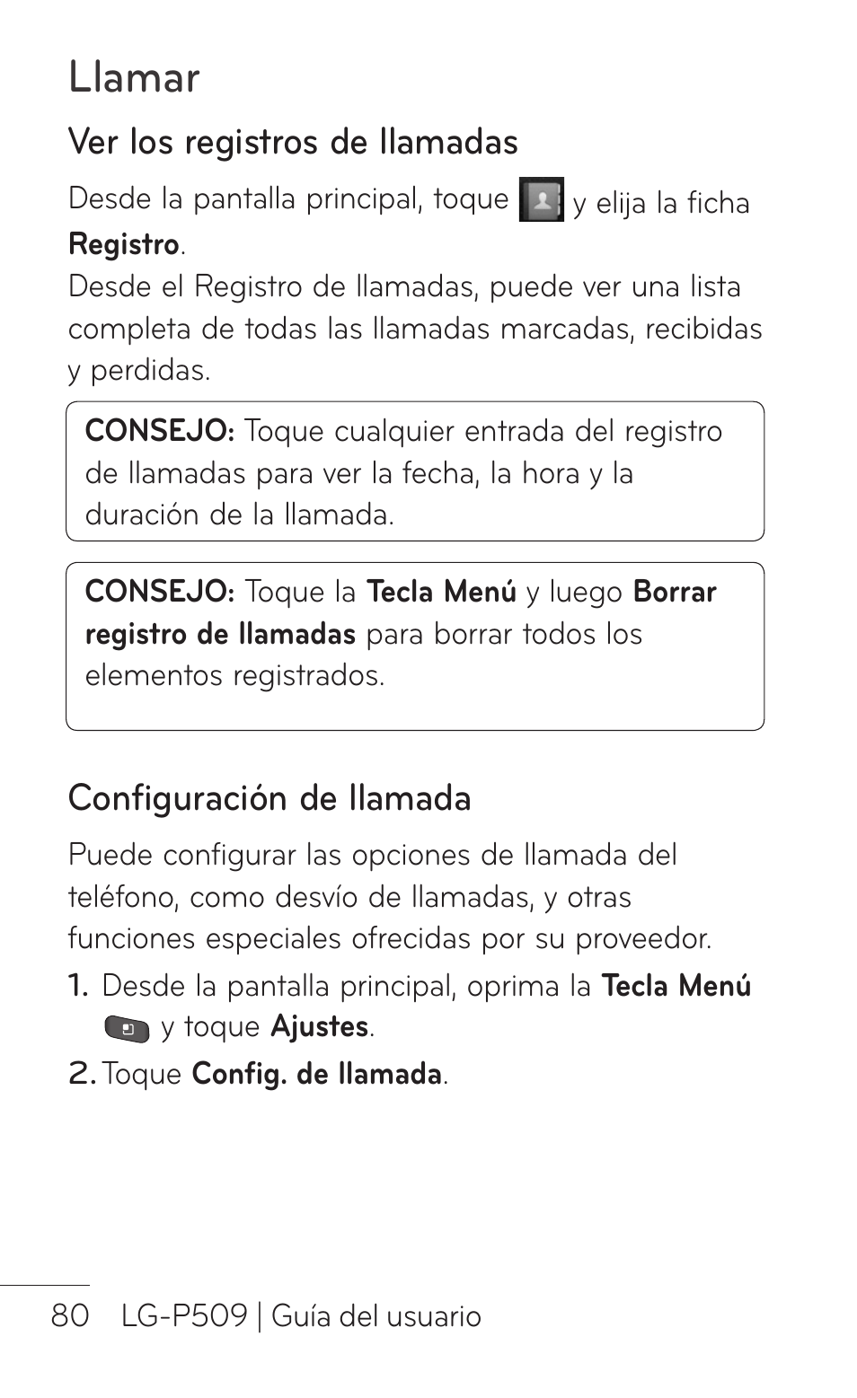 Ver los registros de llamadas, Configuración de llamada, Llamar | LG LGP509 User Manual | Page 272 / 396