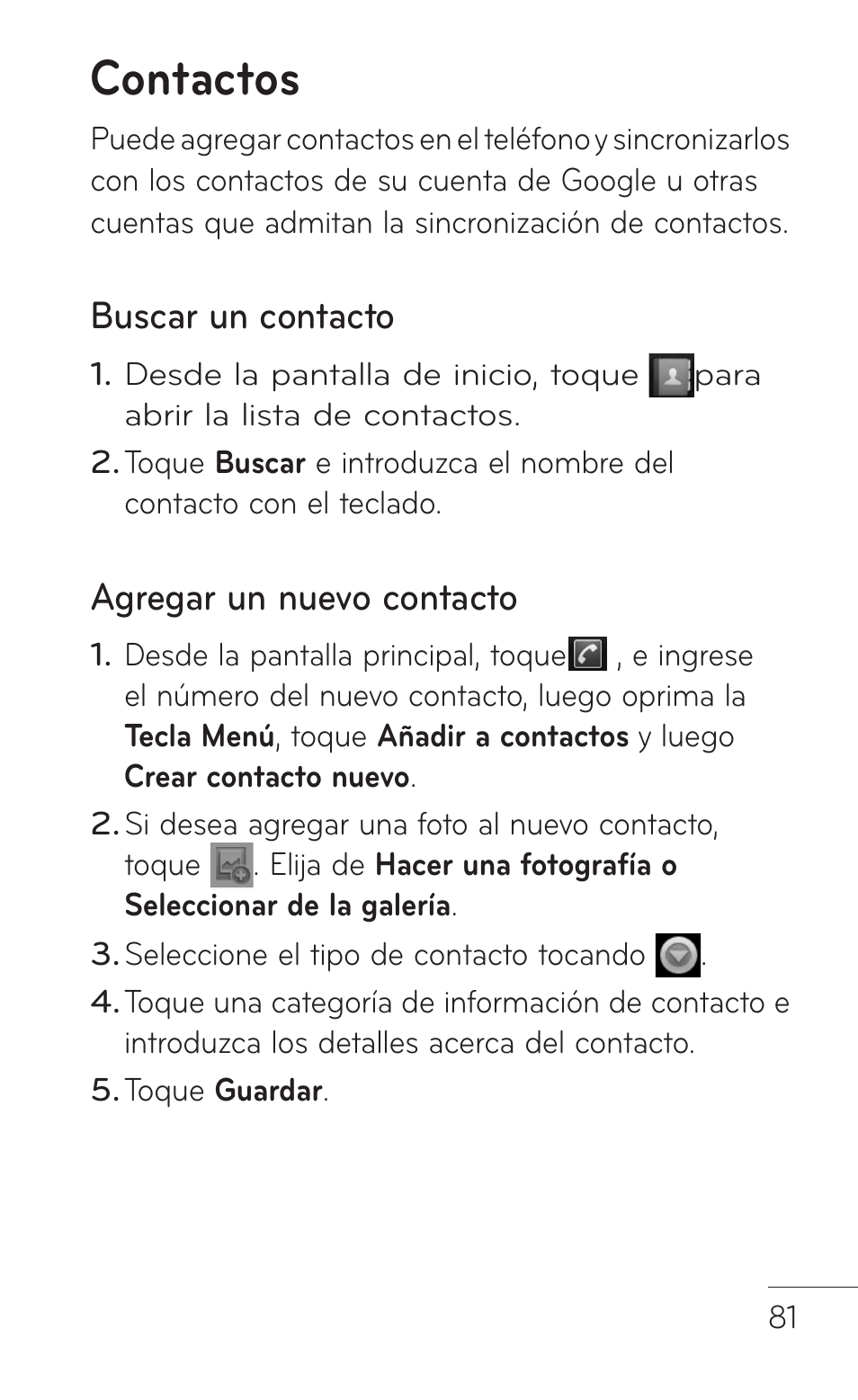 Contactos, Buscar un contacto, Agregar un nuevo contacto | LG LGP509 User Manual | Page 273 / 396