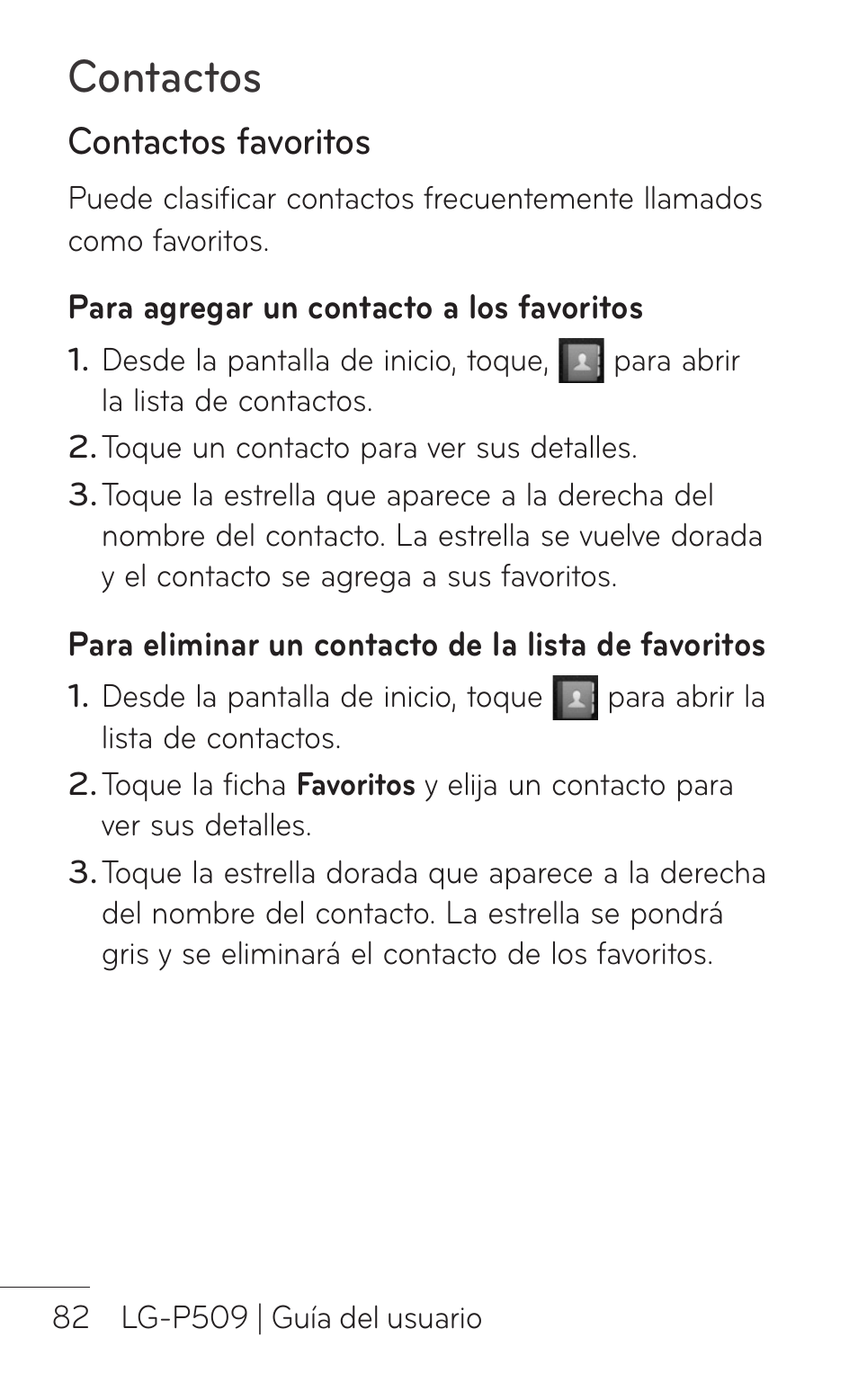 Contactos favoritos, Contactos | LG LGP509 User Manual | Page 274 / 396