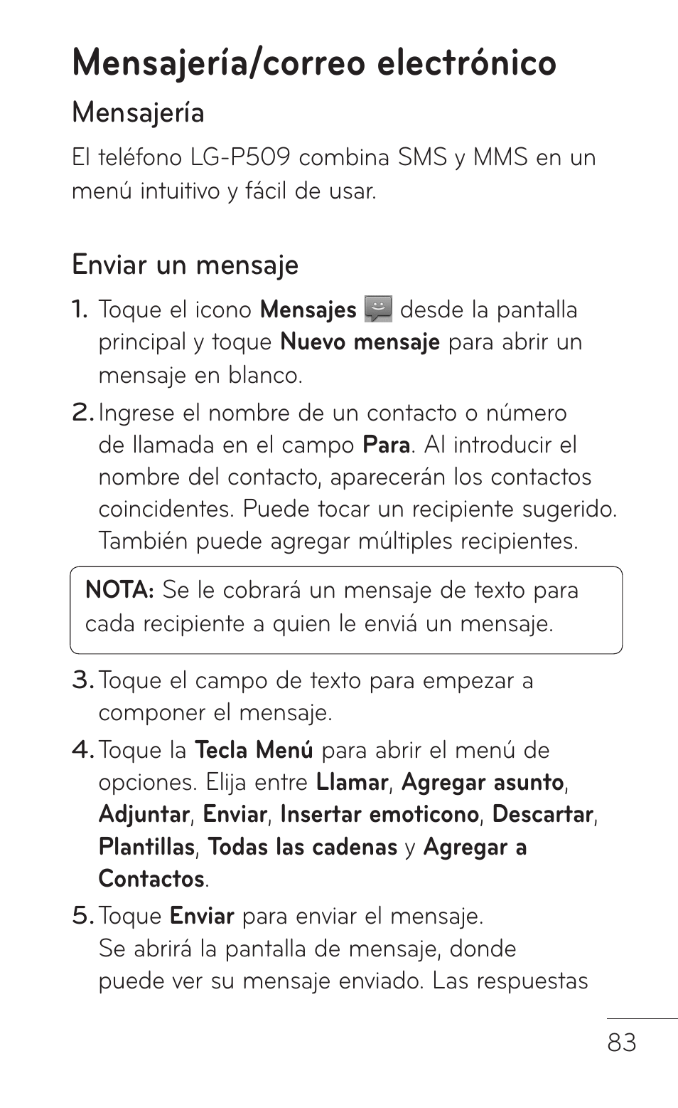 Mensajería/correo electrónico, Mensajería, Enviar un mensaje | LG LGP509 User Manual | Page 275 / 396