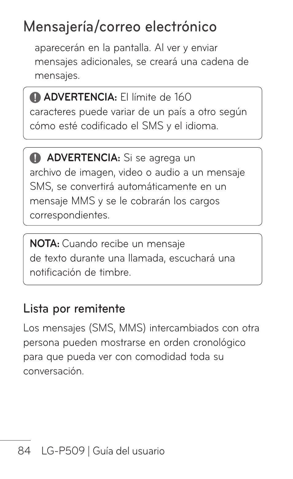 Lista por remitente, Mensajería/correo electrónico | LG LGP509 User Manual | Page 276 / 396