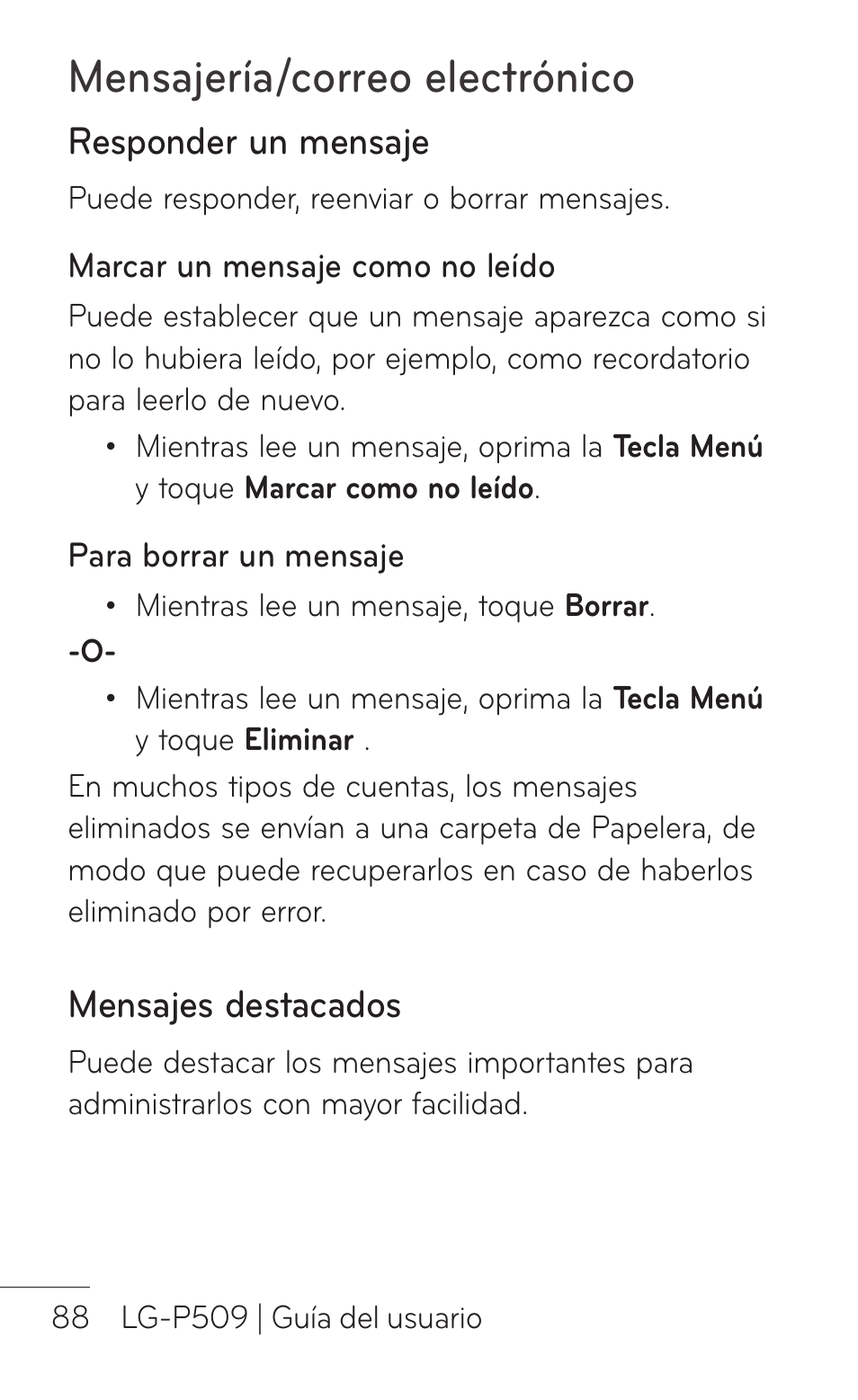 Responder un mensaje, Mensajes destacados, Mensajería/correo electrónico | LG LGP509 User Manual | Page 280 / 396