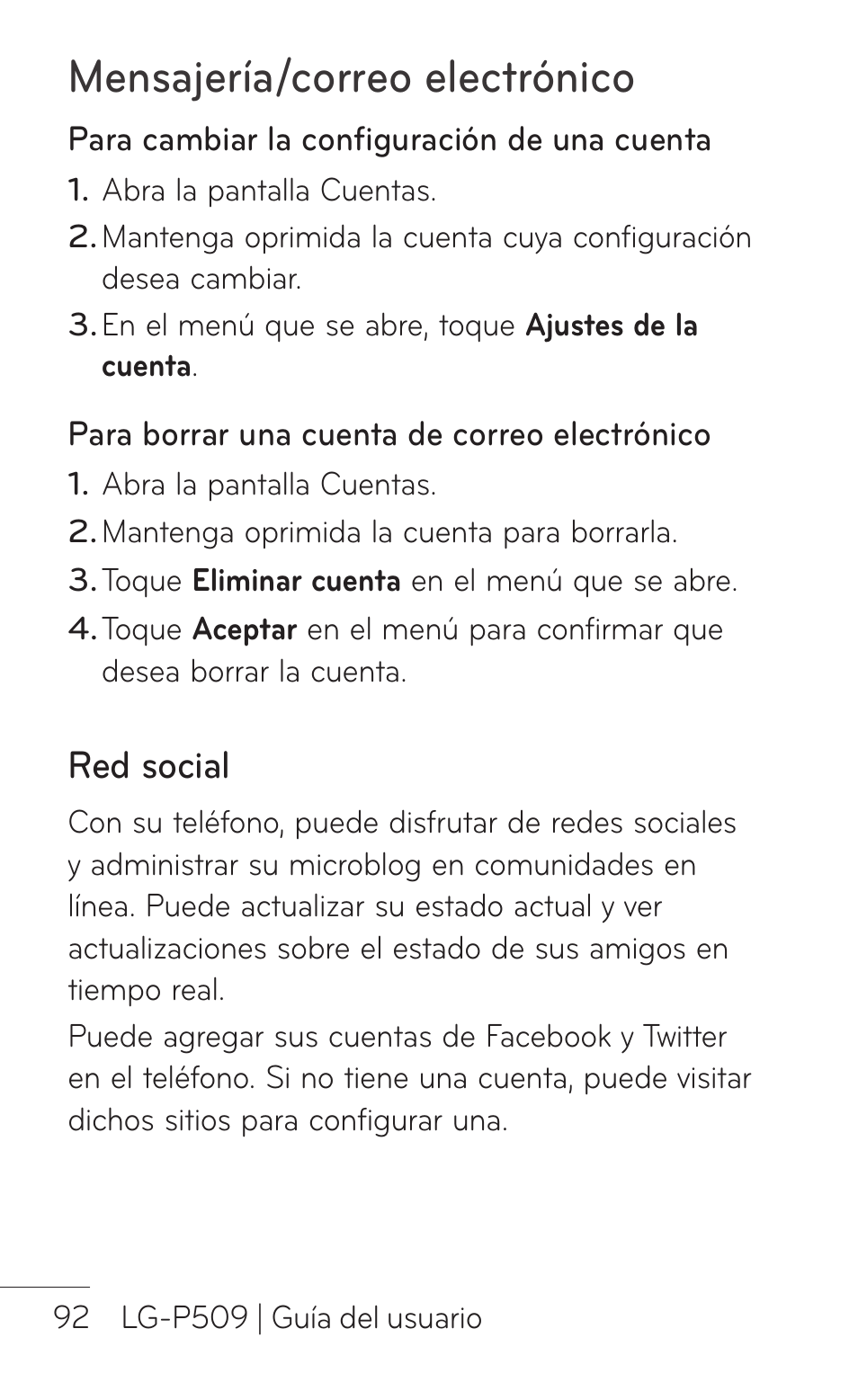 Red social, Mensajería/correo electrónico | LG LGP509 User Manual | Page 284 / 396