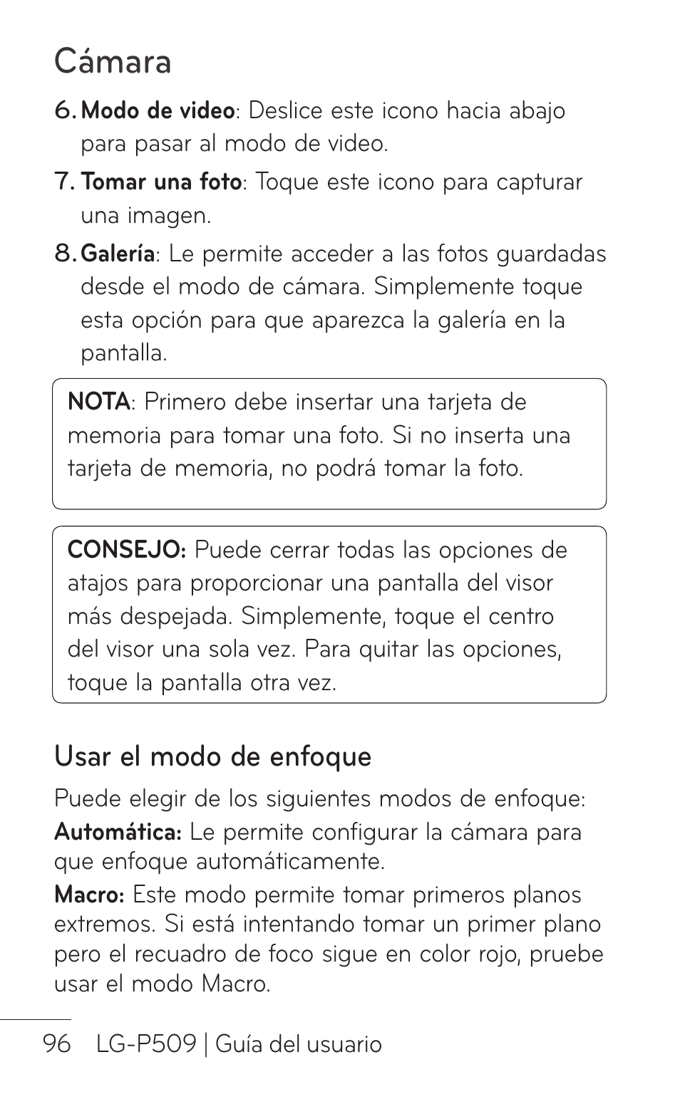 Usar el modo de enfoque, Cámara | LG LGP509 User Manual | Page 288 / 396