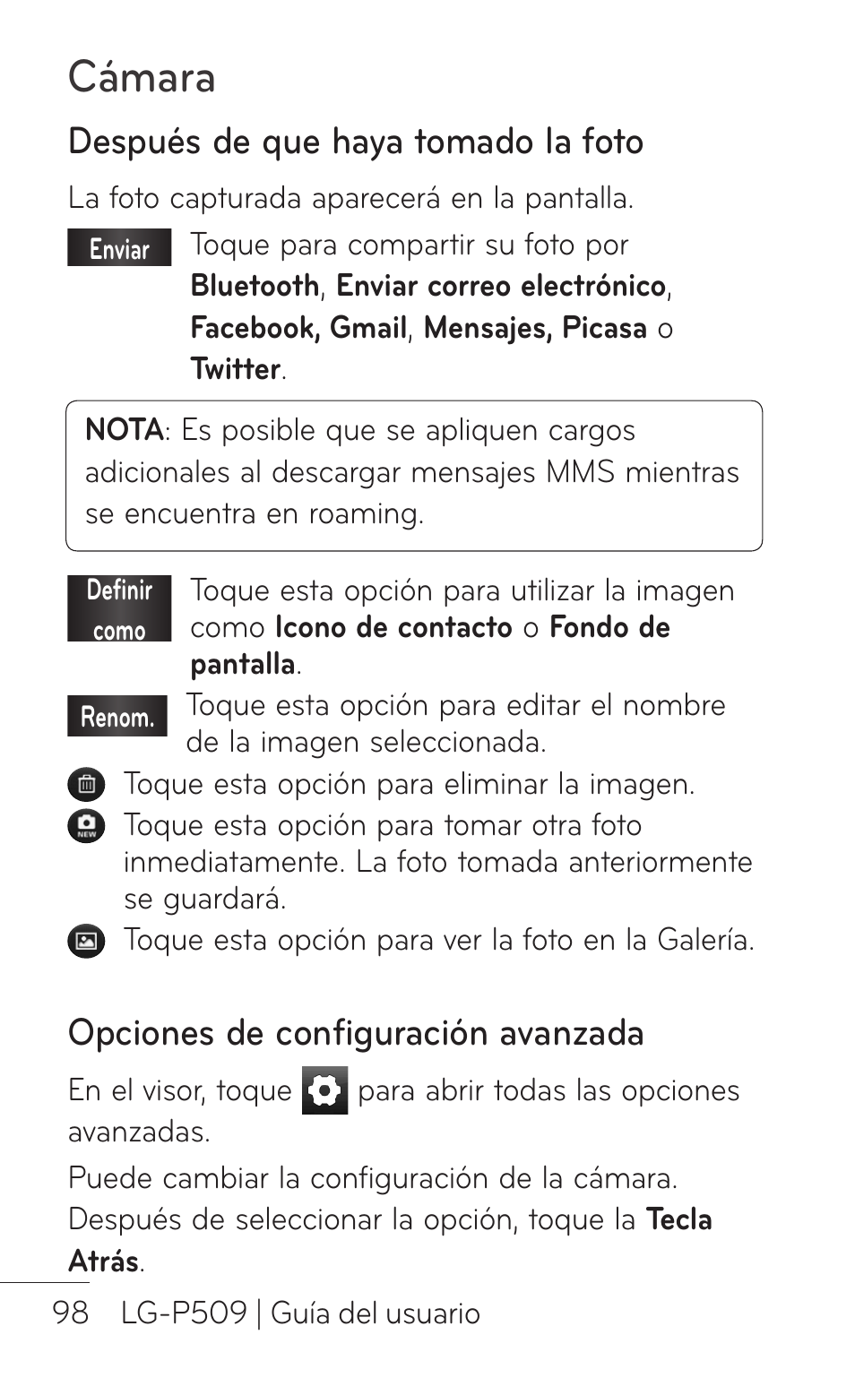 Después de que haya tomado la foto, Opciones de configuración avanzada, Cámara | LG LGP509 User Manual | Page 290 / 396