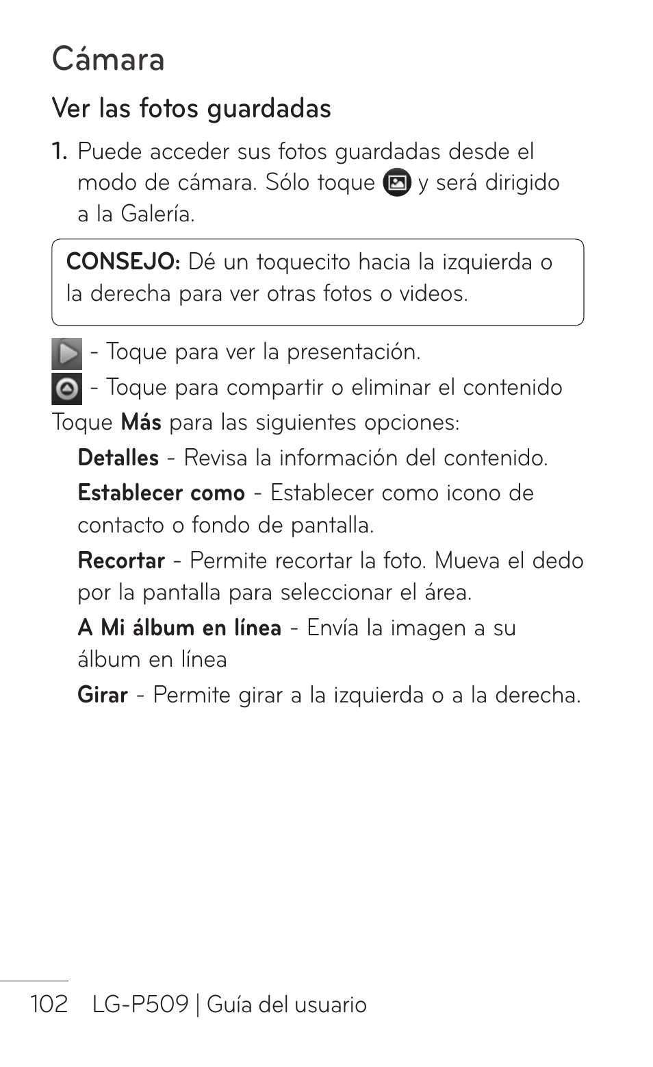 Ver las fotos guardadas, Cámara | LG LGP509 User Manual | Page 294 / 396
