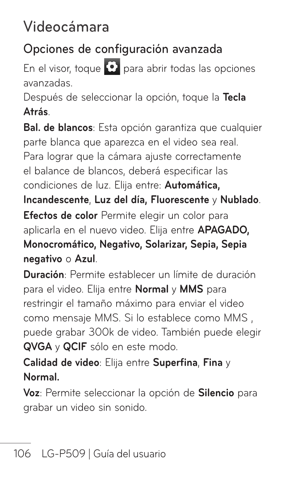 Opciones de configuración avanzada, Videocámara | LG LGP509 User Manual | Page 298 / 396