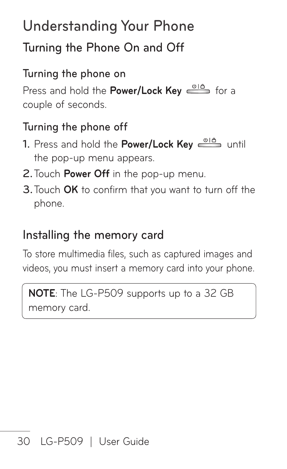 Turning the phone on and off, Installing the memory card, Understanding your phone | LG LGP509 User Manual | Page 30 / 396