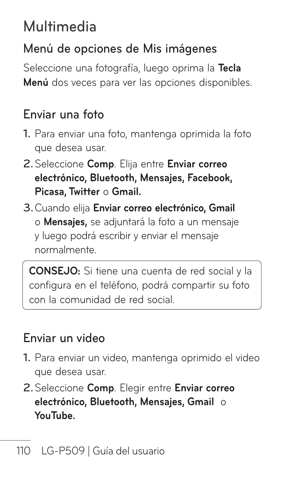 Menú de opciones mis imágenes, Enviar una foto, Enviar un video | Multimedia, Menú de opciones de mis imágenes | LG LGP509 User Manual | Page 302 / 396