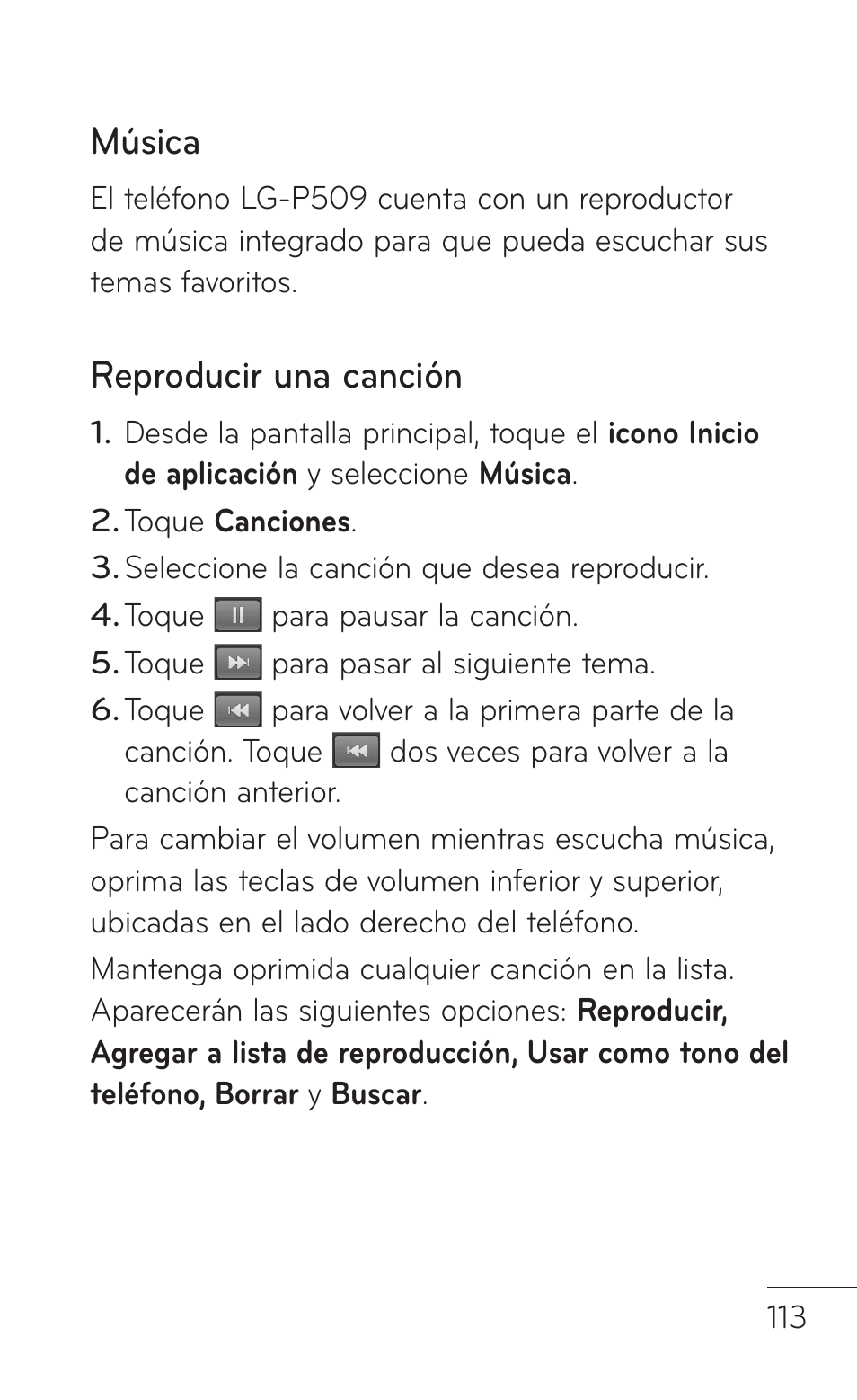 Música, Reproducir una canción | LG LGP509 User Manual | Page 305 / 396