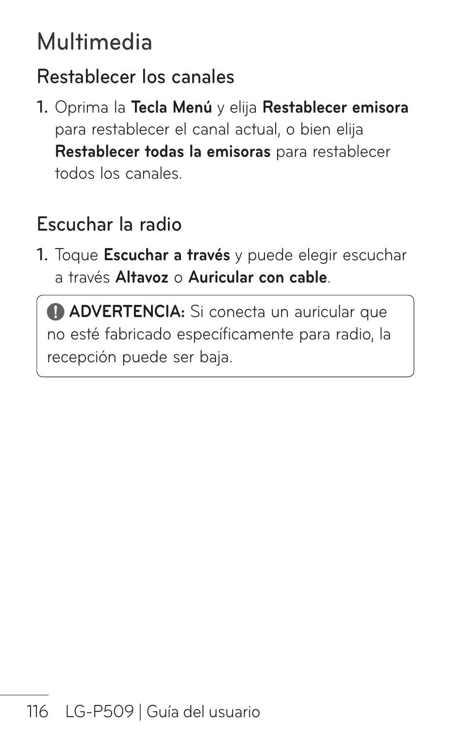 Restablecer los canales, Escuchar la radio, Multimedia | LG LGP509 User Manual | Page 308 / 396