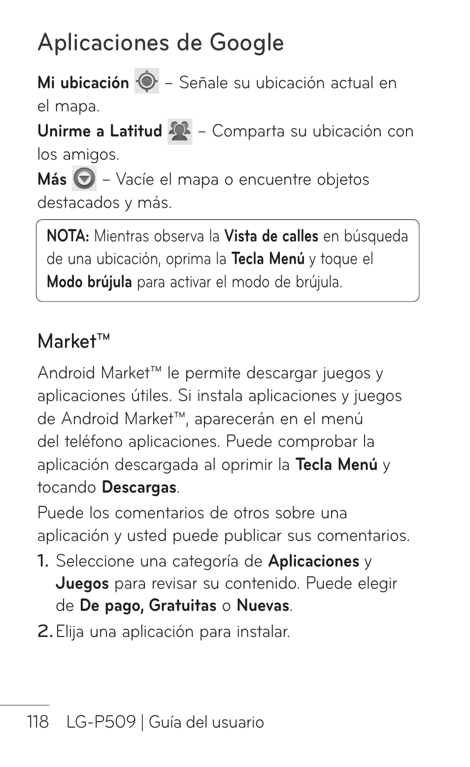 Market, Aplicaciones de google | LG LGP509 User Manual | Page 310 / 396