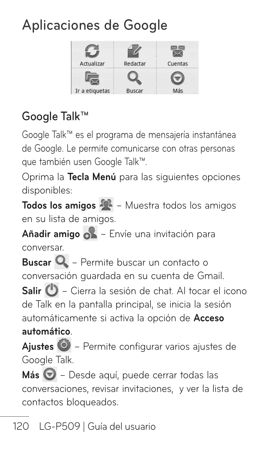 Google talk, Aplicaciones de google | LG LGP509 User Manual | Page 312 / 396