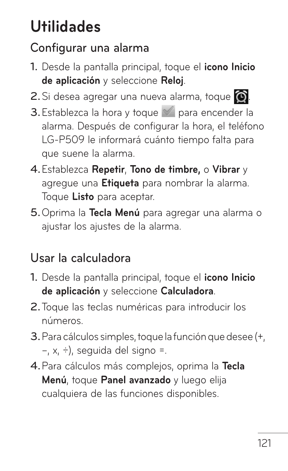Utilidades, Configurar una alarma, Usar la calculadora | LG LGP509 User Manual | Page 313 / 396