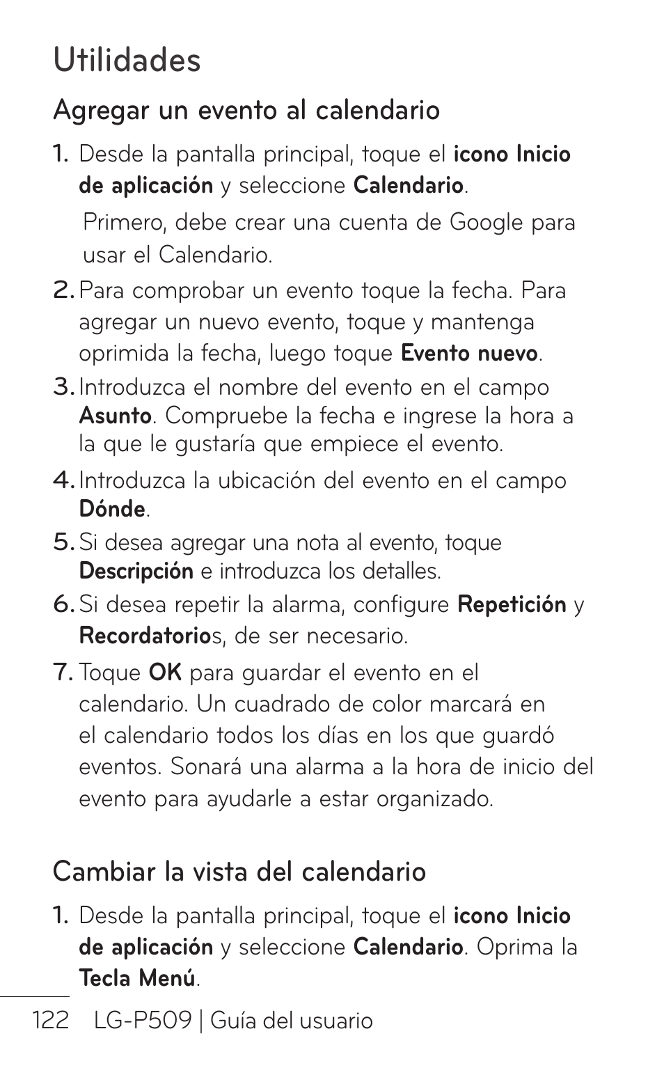 Agregar un evento al calendario, Cambiar la vista del calendario, Utilidades | LG LGP509 User Manual | Page 314 / 396