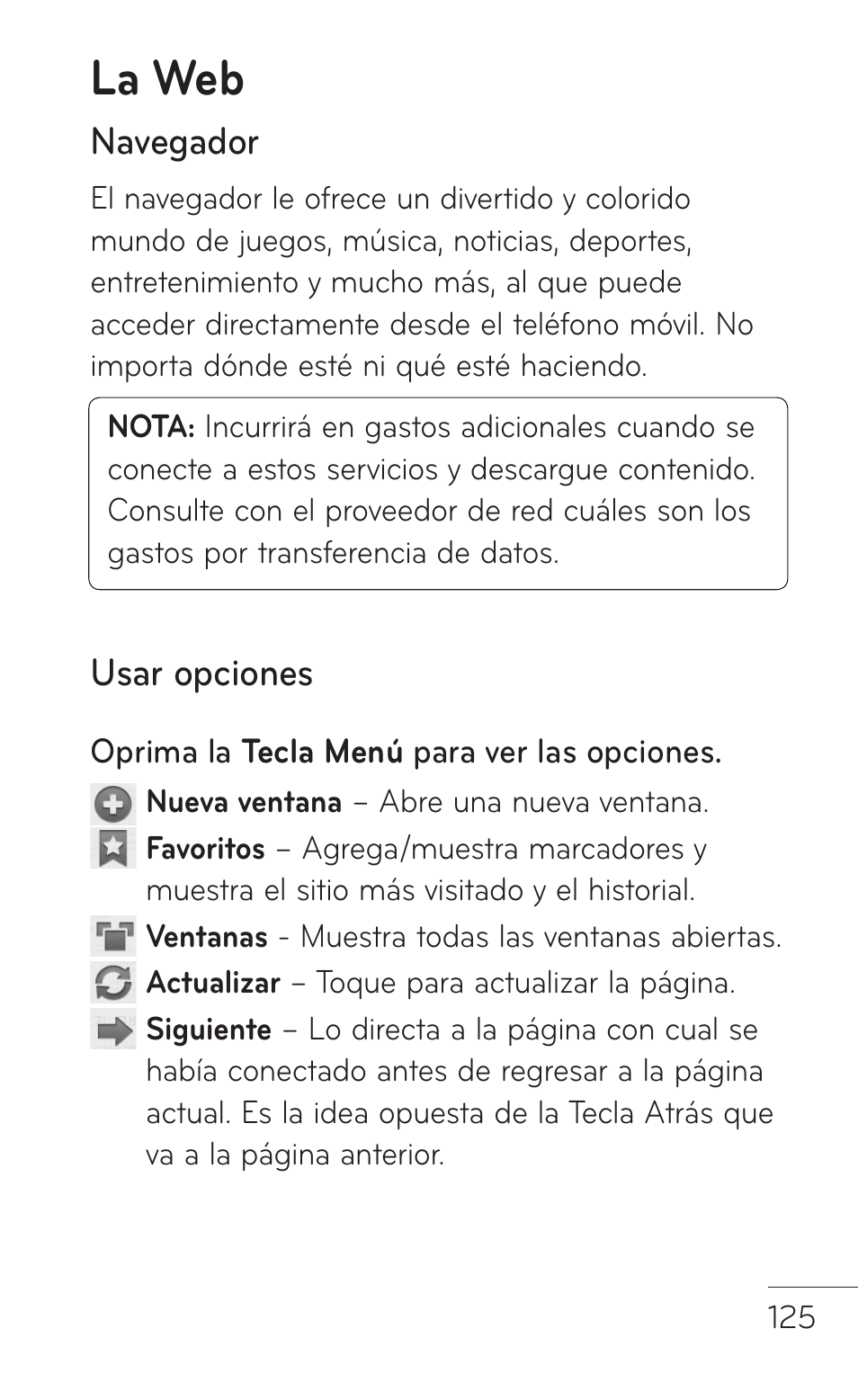 La web, Navegador, Usar opciones | LG LGP509 User Manual | Page 317 / 396