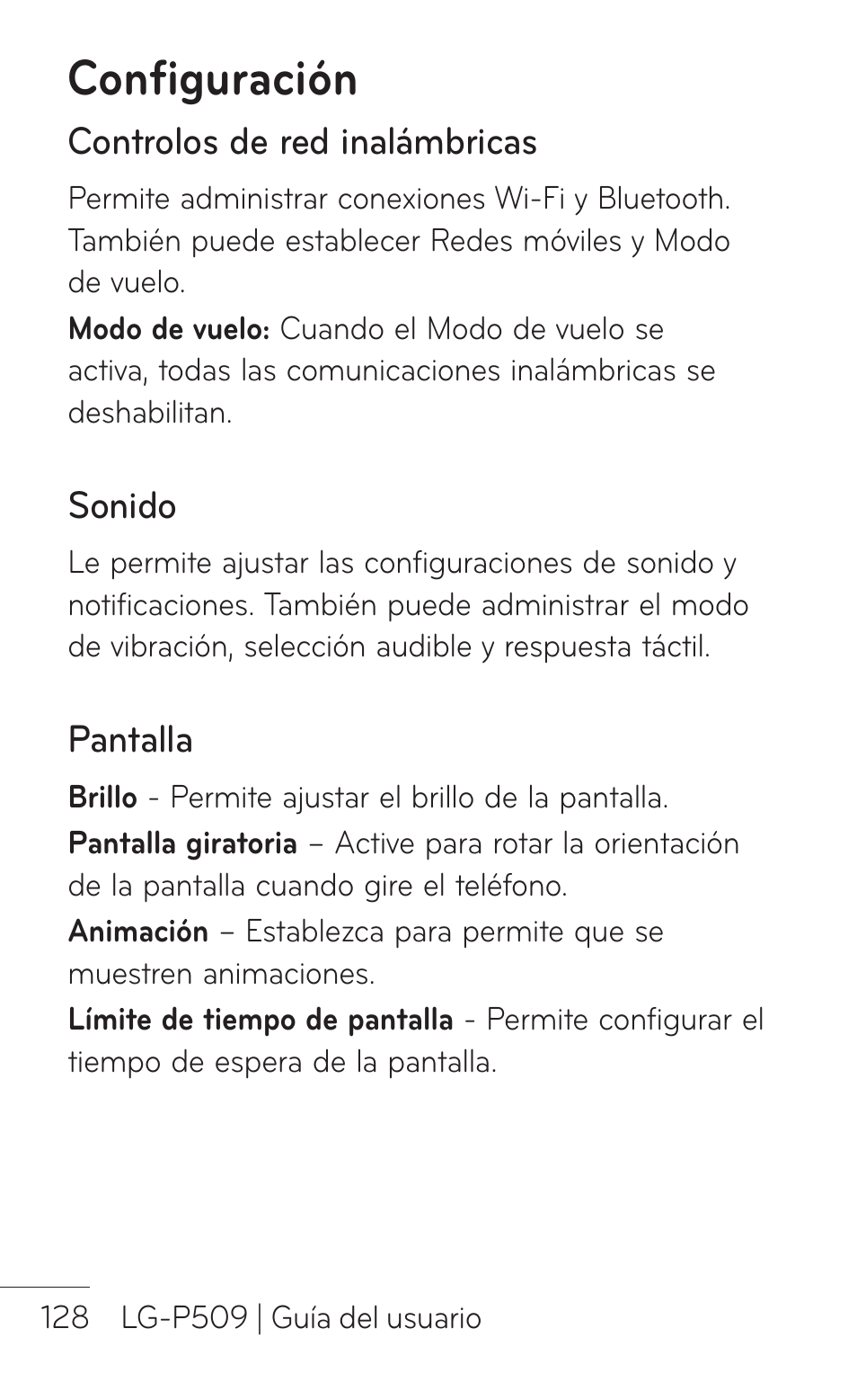 Configuración, Redes inalámbricas y redes, Sonido | Pantalla | LG LGP509 User Manual | Page 320 / 396