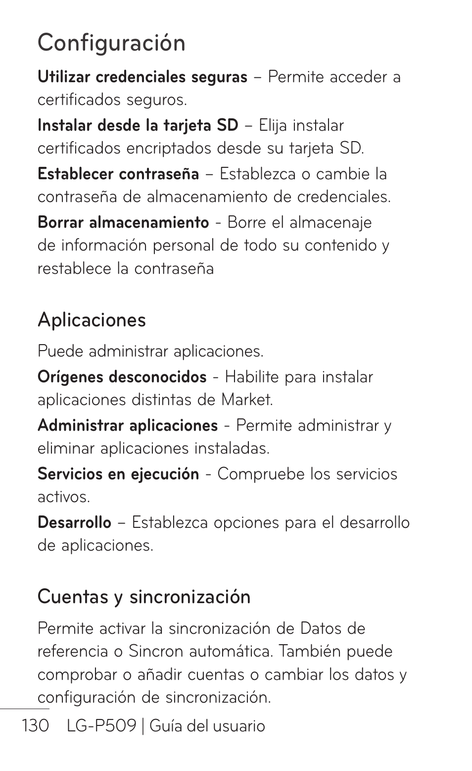 Aplicaciones, Configuración | LG LGP509 User Manual | Page 322 / 396