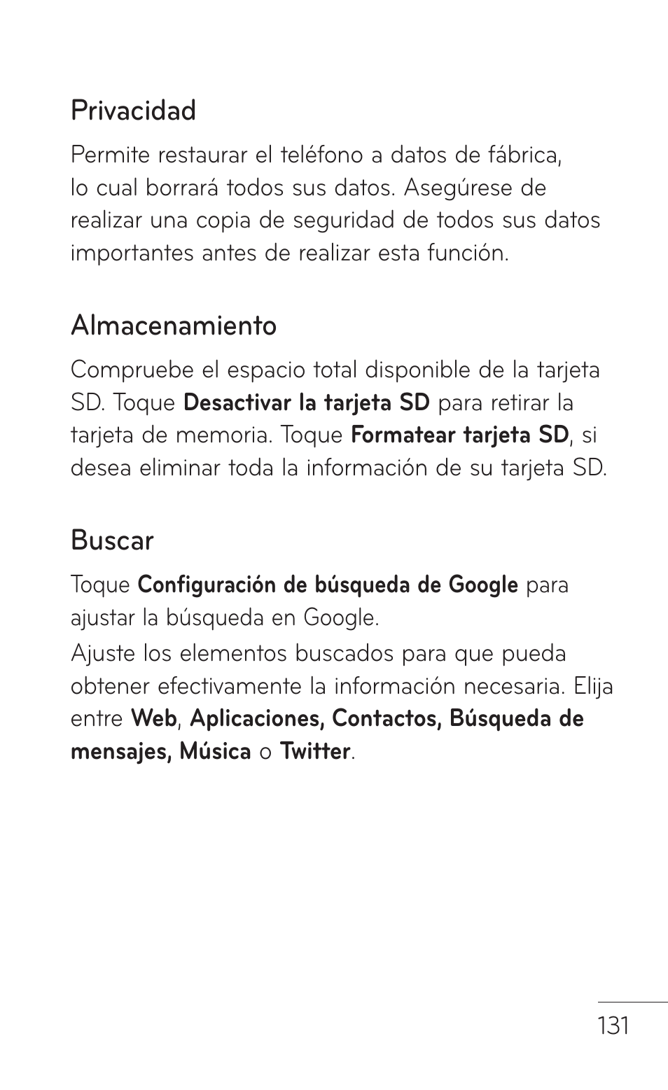 Configuración de cuentas y sincronización, Privacidad, Tarjeta sd y almacenamiento del teléfono | Buscar, Almacenamiento | LG LGP509 User Manual | Page 323 / 396