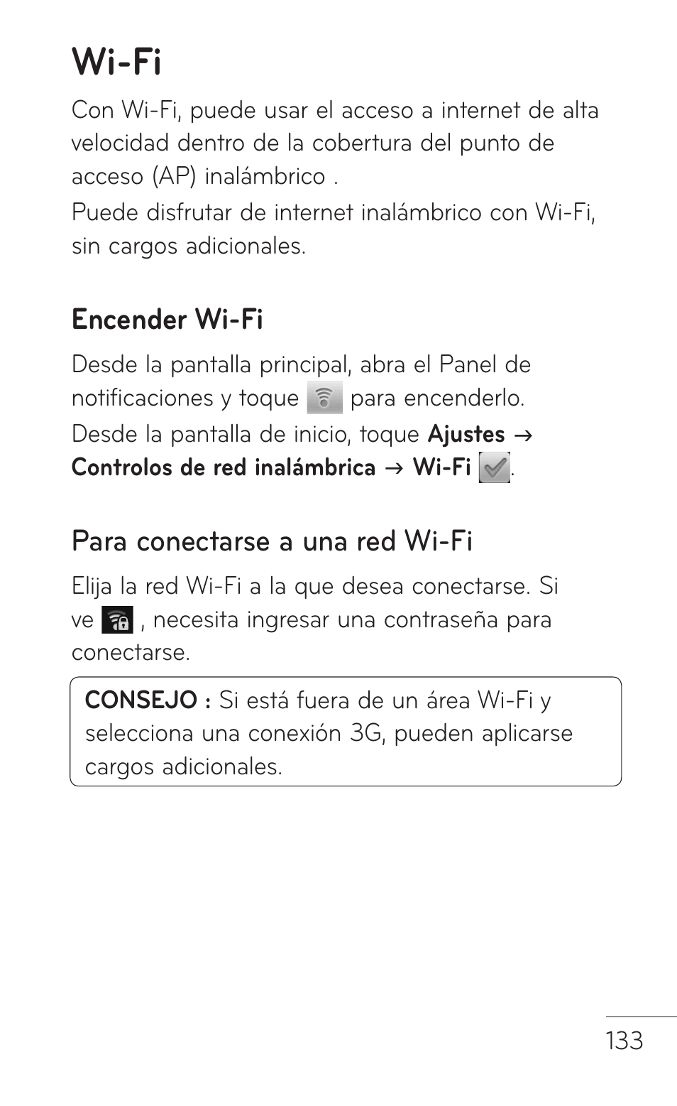 Wi-fi, Encender wi-fi, Para conectarse a una wi-fi | LG LGP509 User Manual | Page 325 / 396