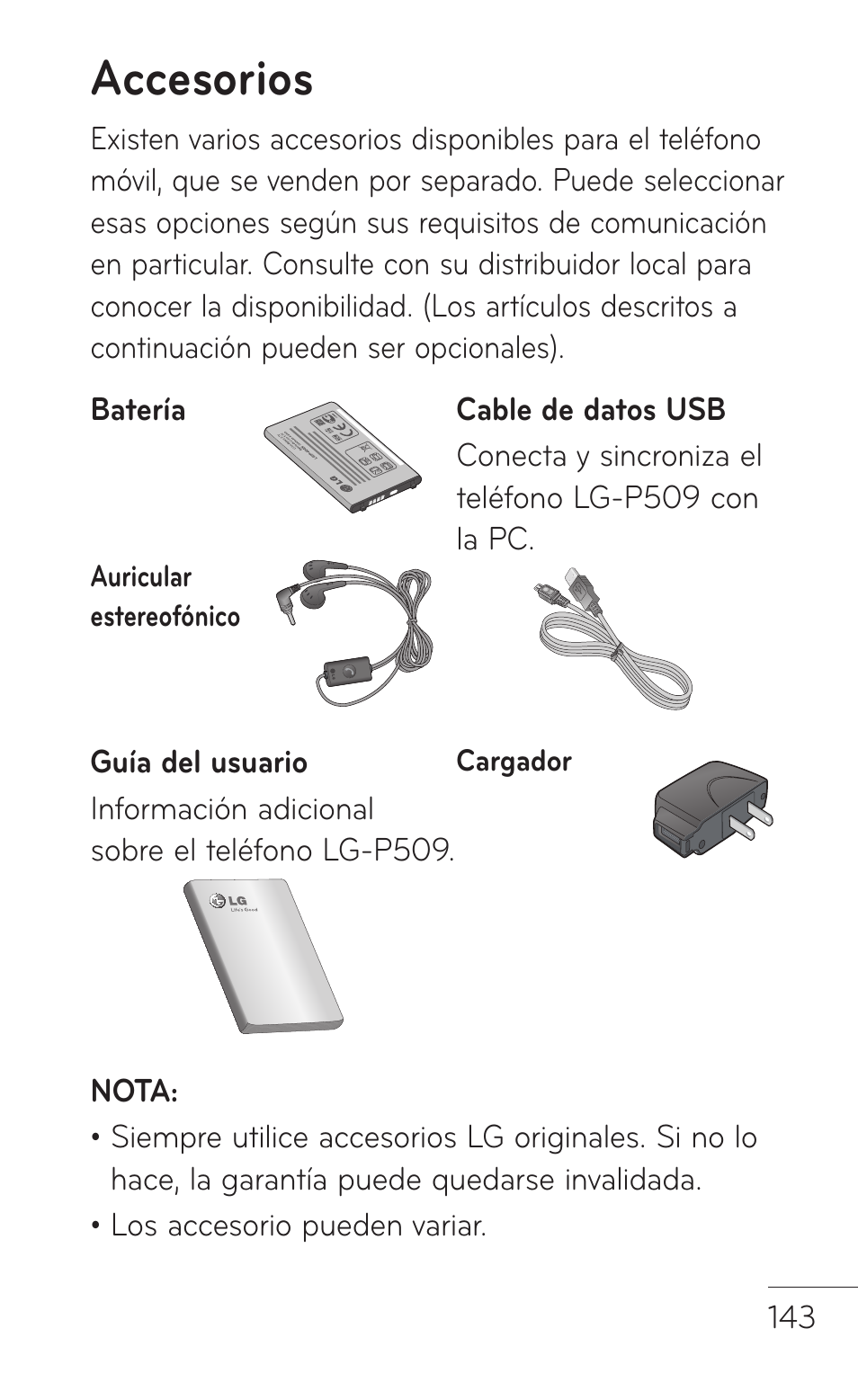 Accesorios | LG LGP509 User Manual | Page 335 / 396