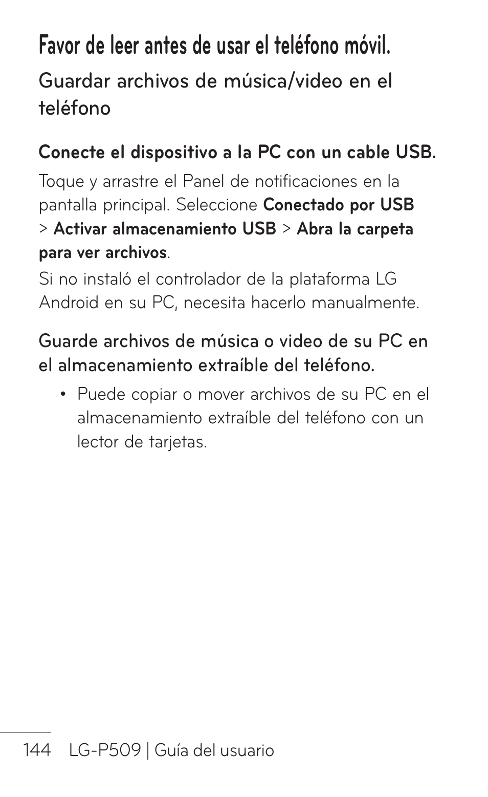 Favor de leer antes de usar el teléfono móvil | LG LGP509 User Manual | Page 336 / 396