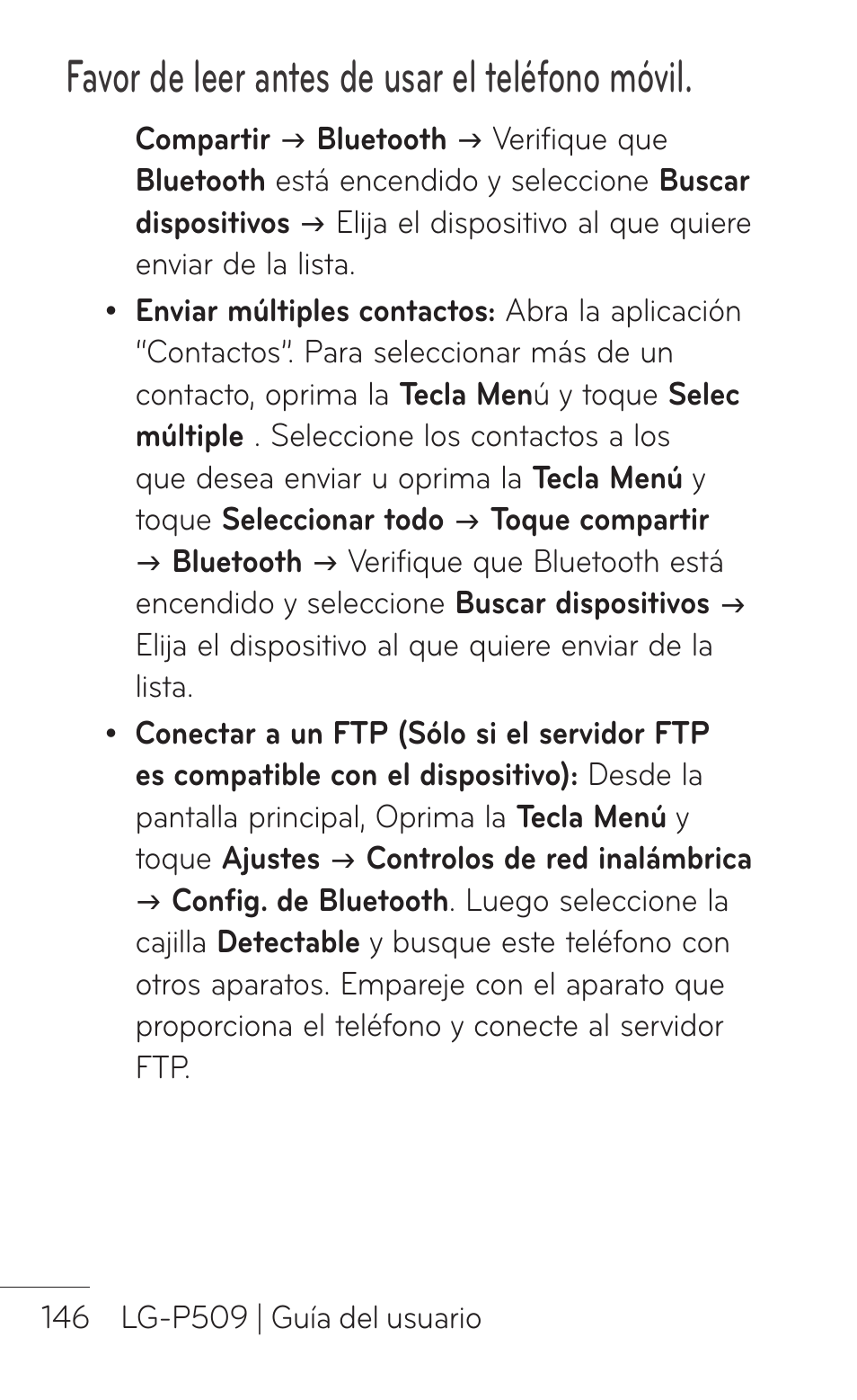 Favor de leer antes de usar el teléfono móvil | LG LGP509 User Manual | Page 338 / 396