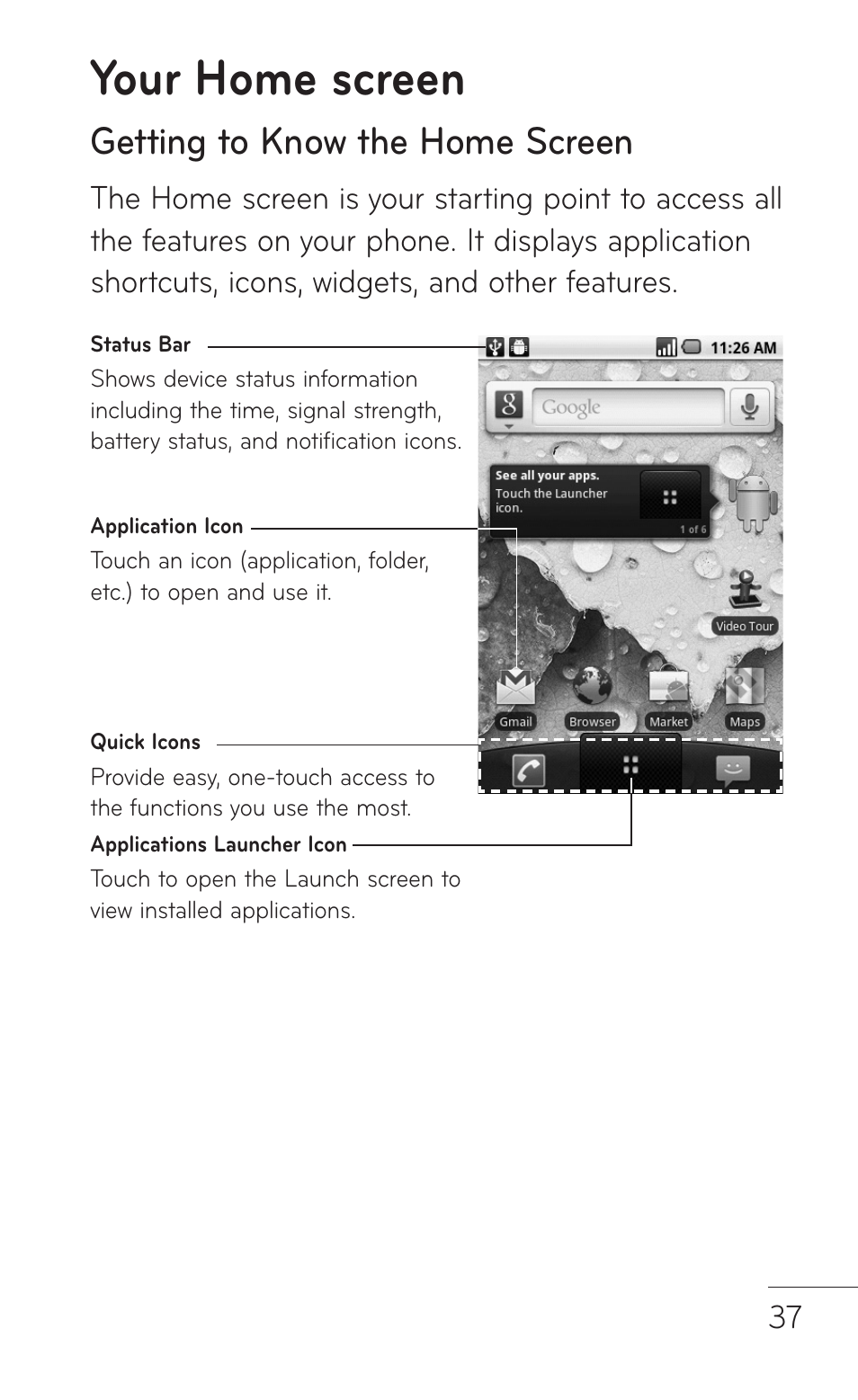 Your home screen, Getting to know the home screen | LG LGP509 User Manual | Page 37 / 396