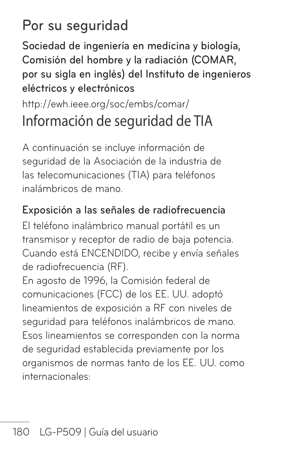 Por su seguridad, Información de seguridad de tia | LG LGP509 User Manual | Page 372 / 396