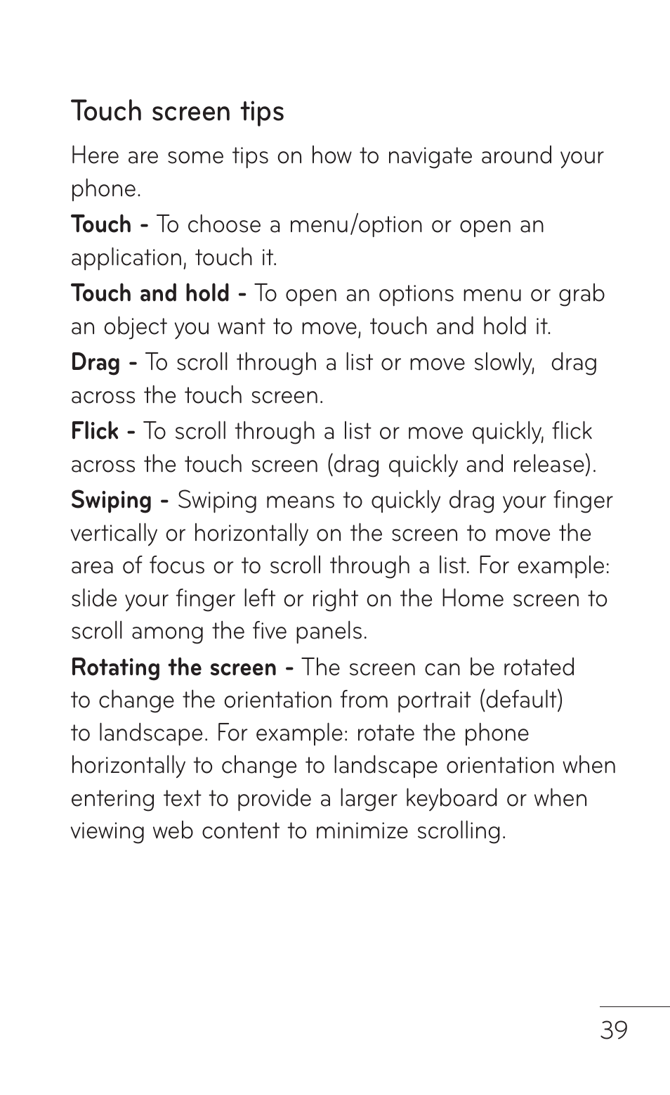 Touch screen tips | LG LGP509 User Manual | Page 39 / 396