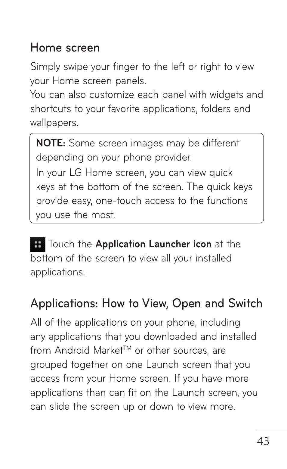 Home screen, Applications: how to view, open and switch | LG LGP509 User Manual | Page 43 / 396