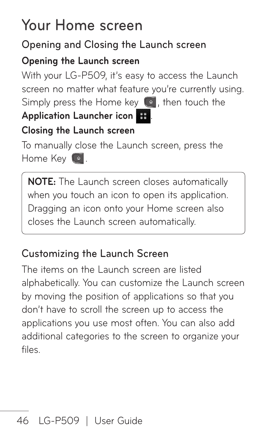 Your home screen | LG LGP509 User Manual | Page 46 / 396