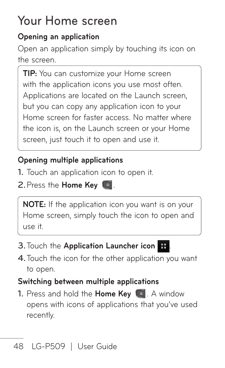Your home screen | LG LGP509 User Manual | Page 48 / 396