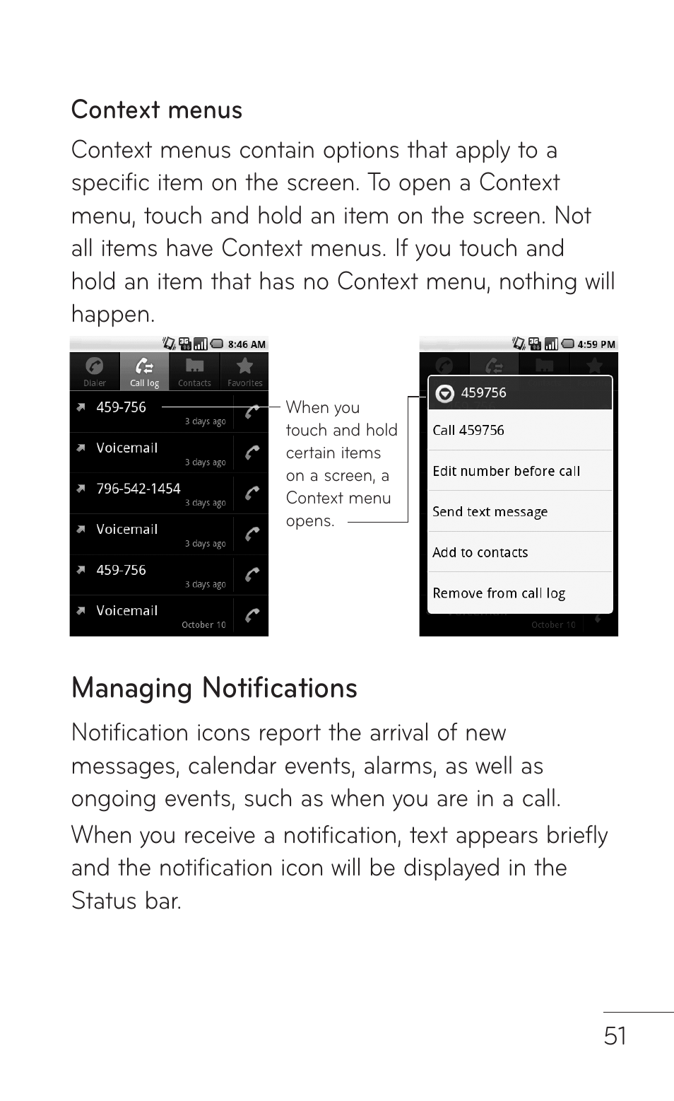 Managing notifications, Context menus | LG LGP509 User Manual | Page 51 / 396