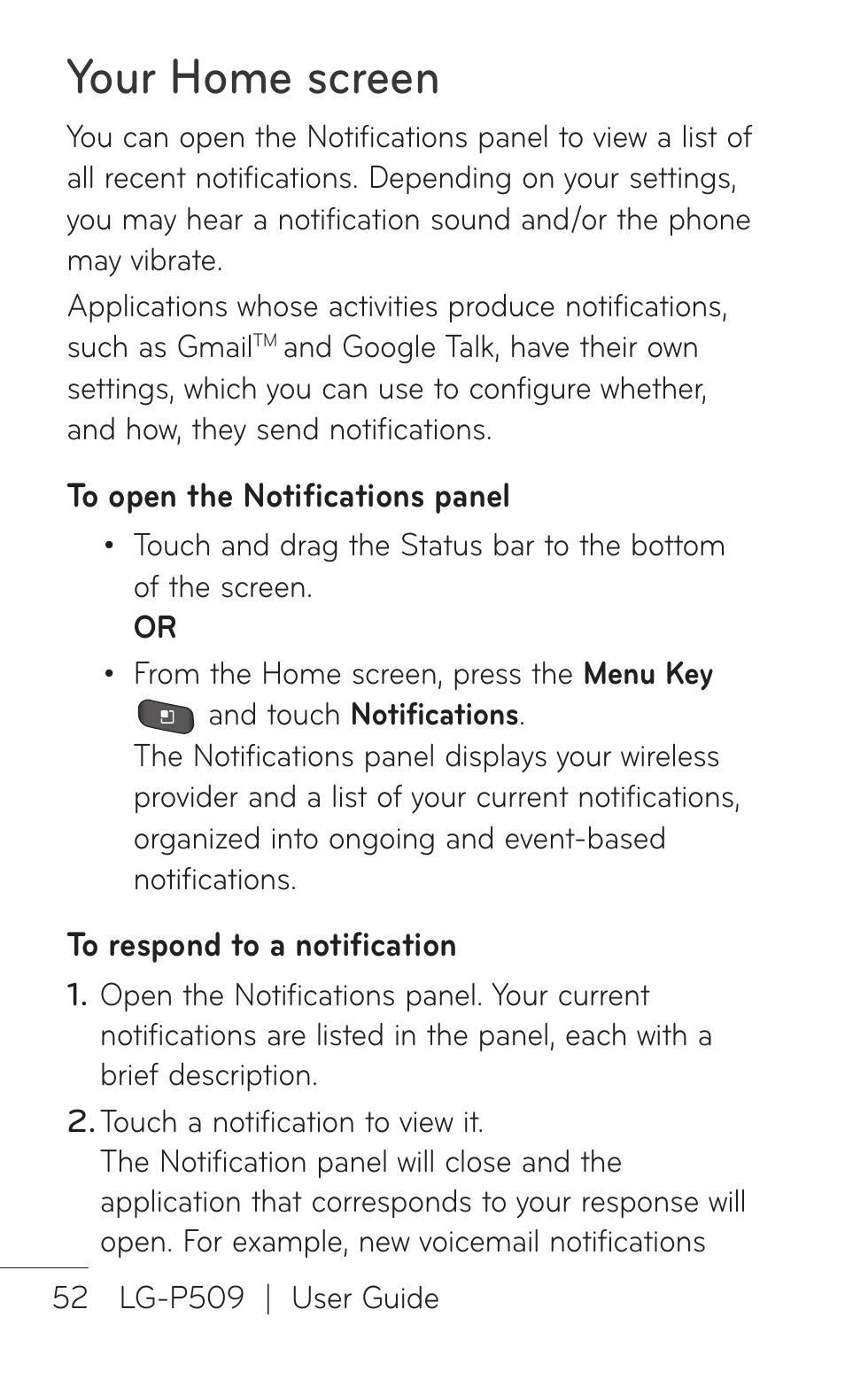 Your home screen | LG LGP509 User Manual | Page 52 / 396