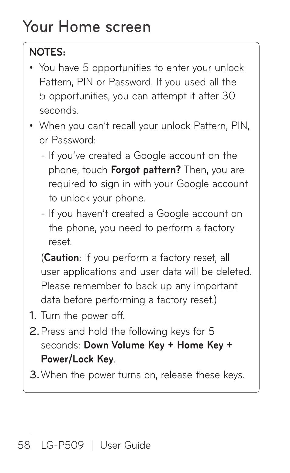 Your home screen | LG LGP509 User Manual | Page 58 / 396