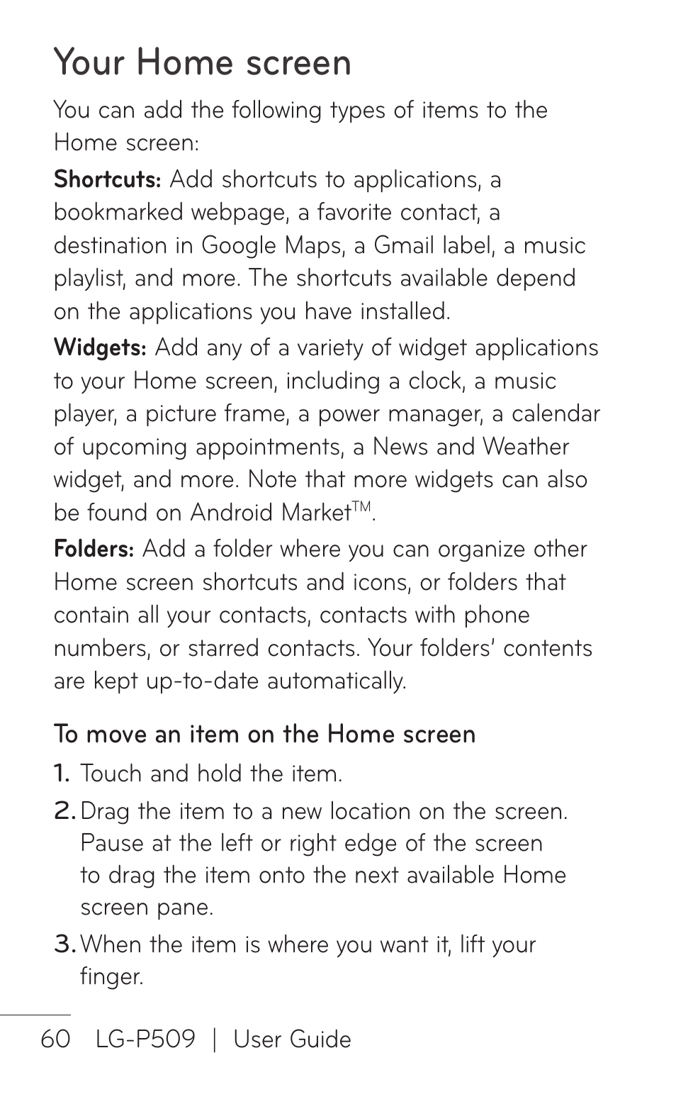 Your home screen | LG LGP509 User Manual | Page 60 / 396