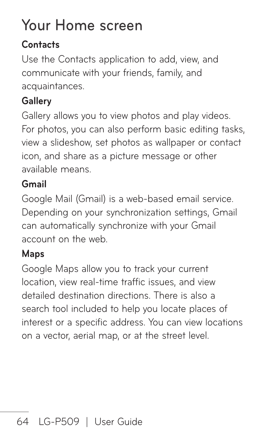 Your home screen | LG LGP509 User Manual | Page 64 / 396