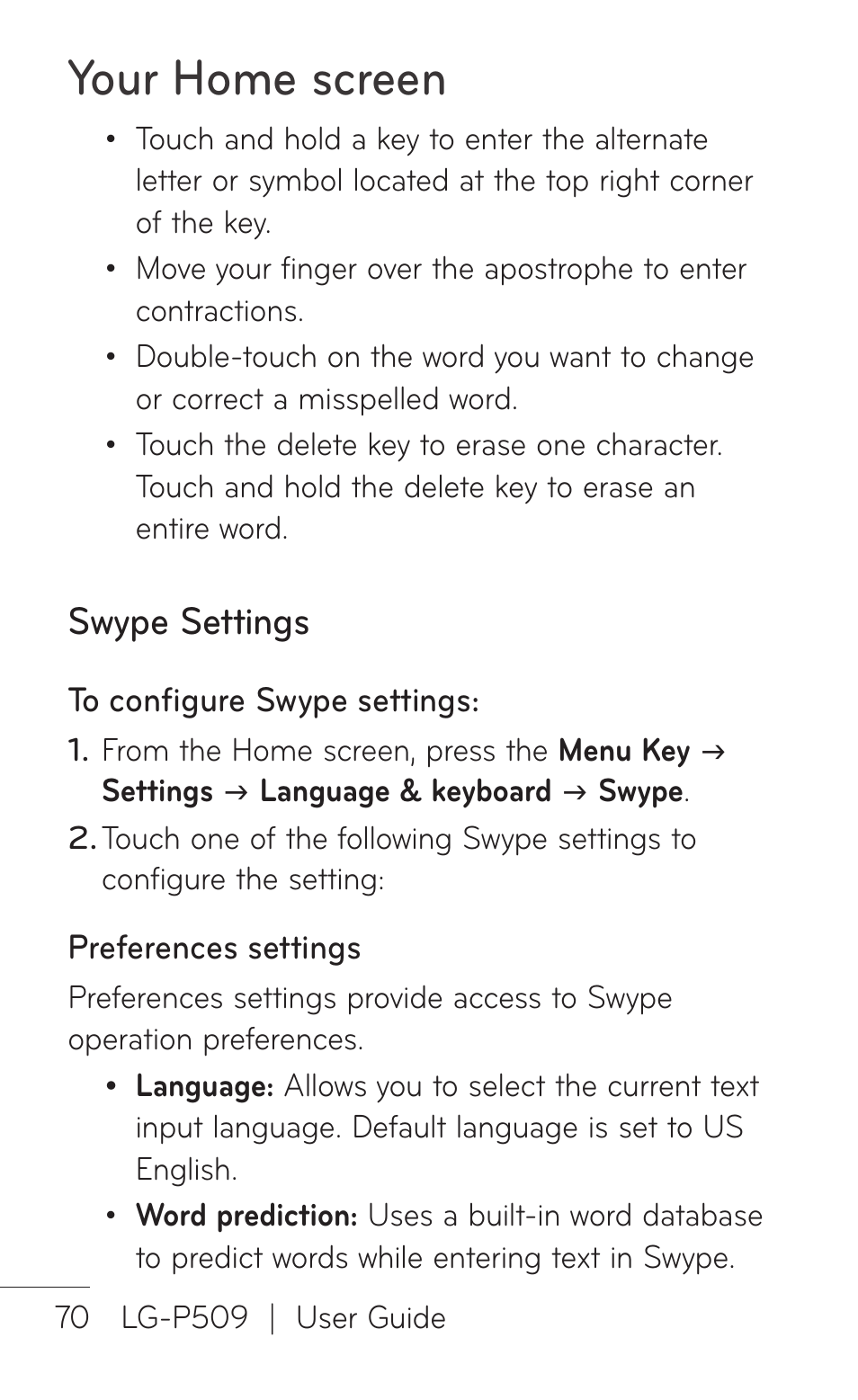 Swype settings, Your home screen | LG LGP509 User Manual | Page 70 / 396