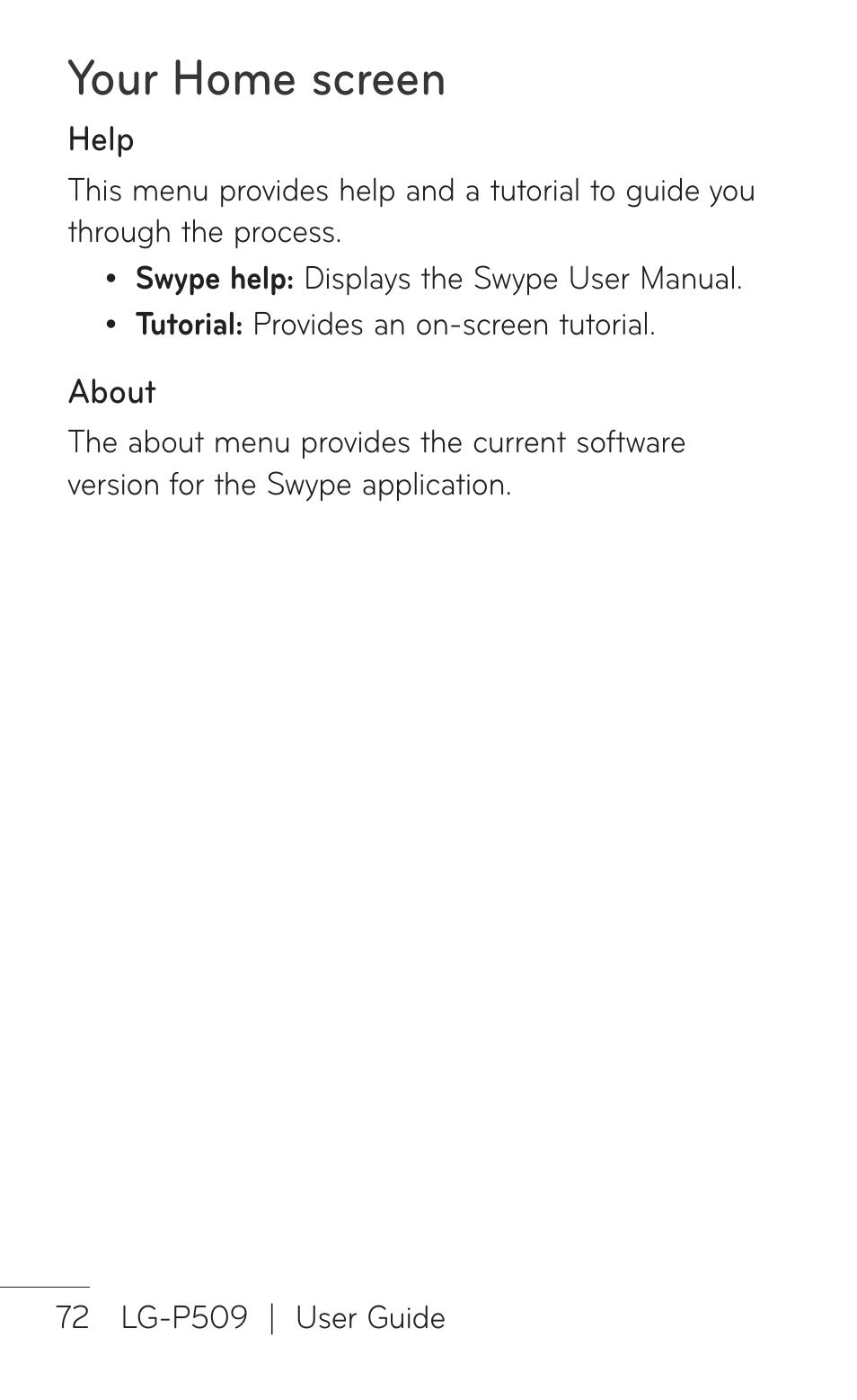 Your home screen | LG LGP509 User Manual | Page 72 / 396