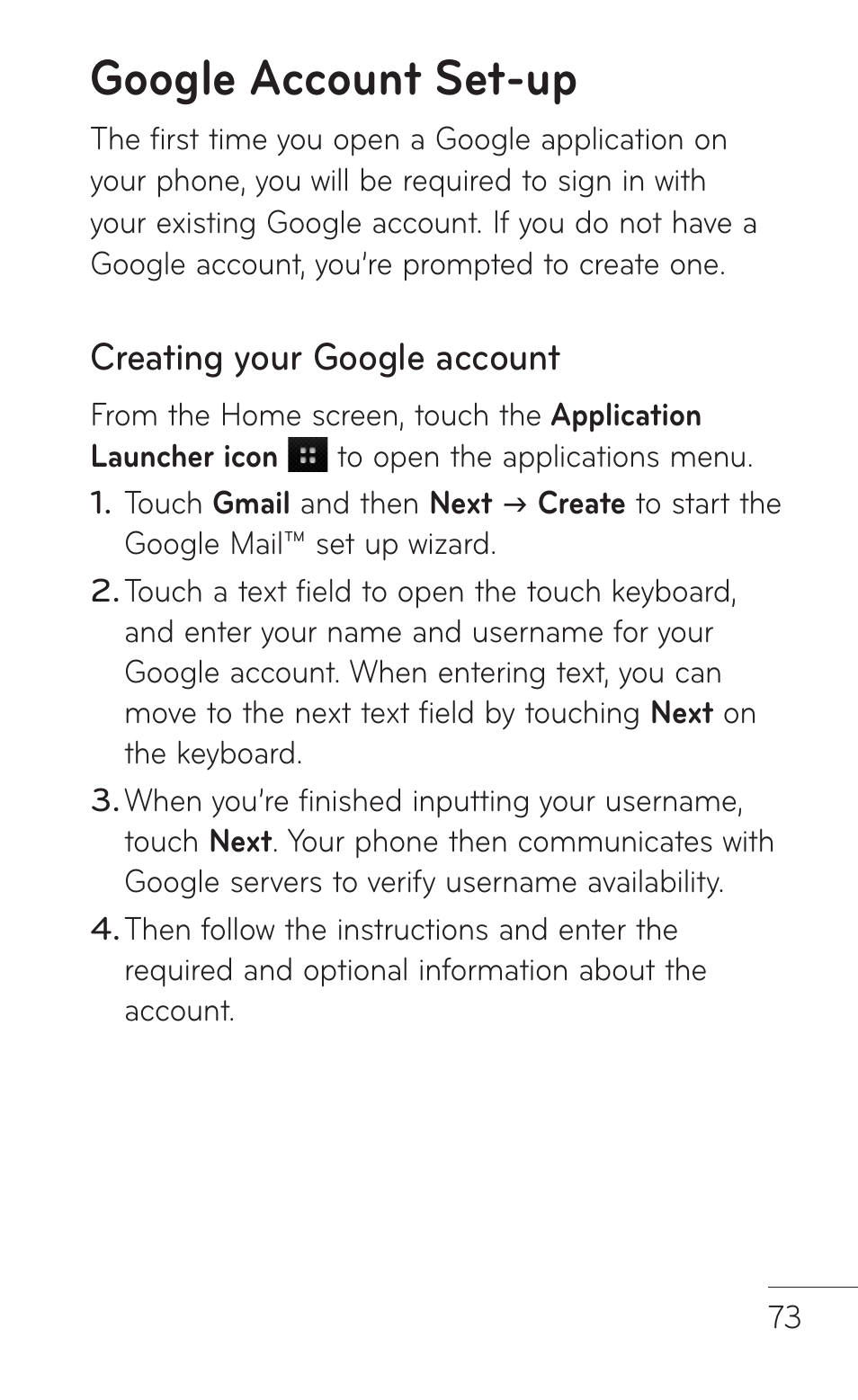 Google account set-up, Creating your google account | LG LGP509 User Manual | Page 73 / 396