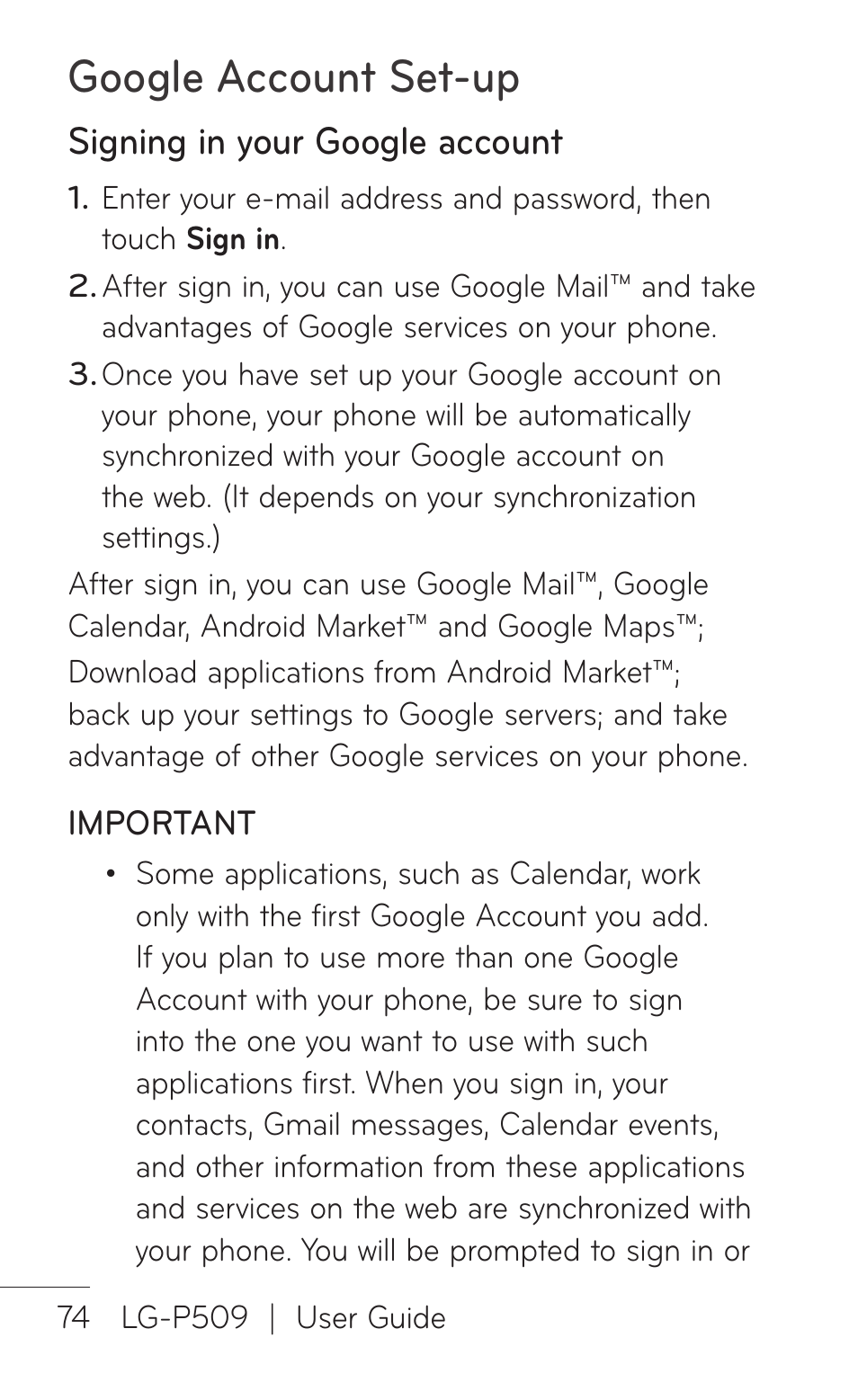 Signing in your google account, Google account set-up | LG LGP509 User Manual | Page 74 / 396