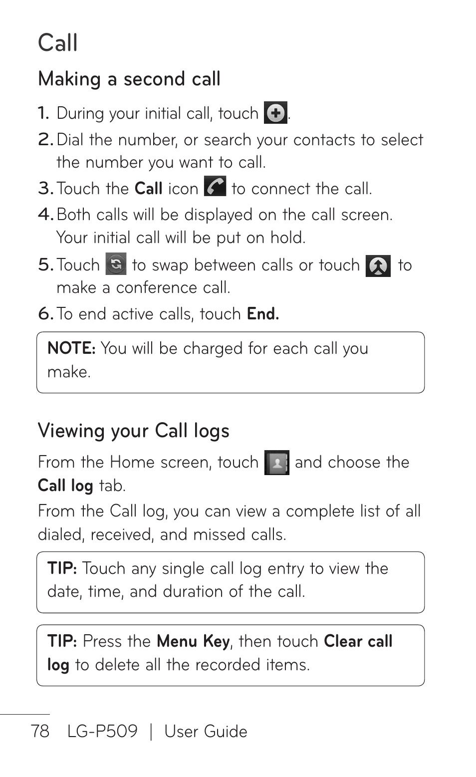 Making a second call, Viewing your call logs, Call | LG LGP509 User Manual | Page 78 / 396