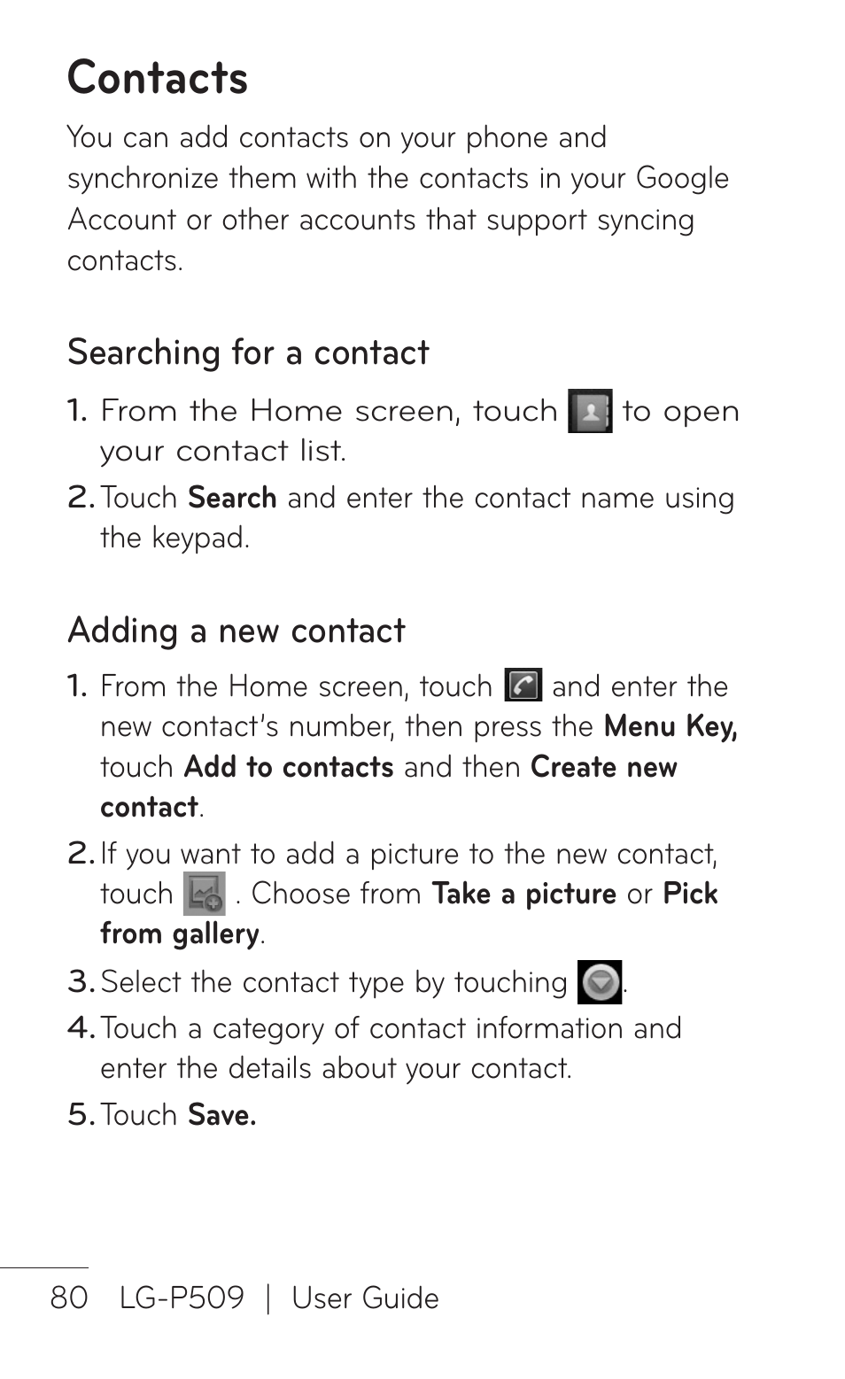 Contacts, Searching for a contact, Adding a new contact | LG LGP509 User Manual | Page 80 / 396