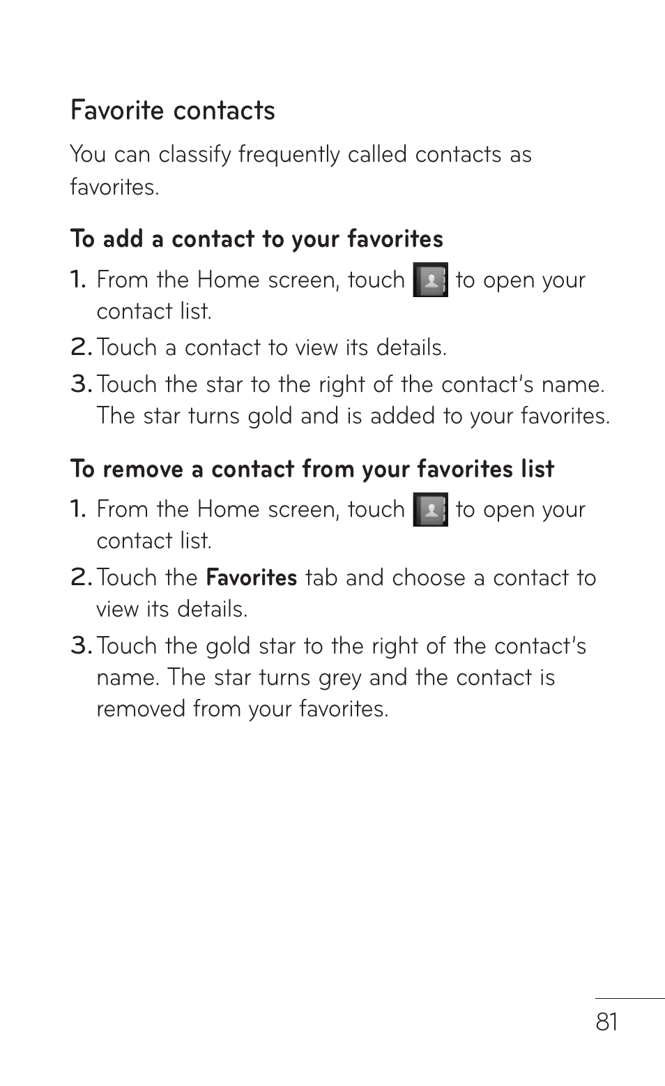 Favorite contacts | LG LGP509 User Manual | Page 81 / 396