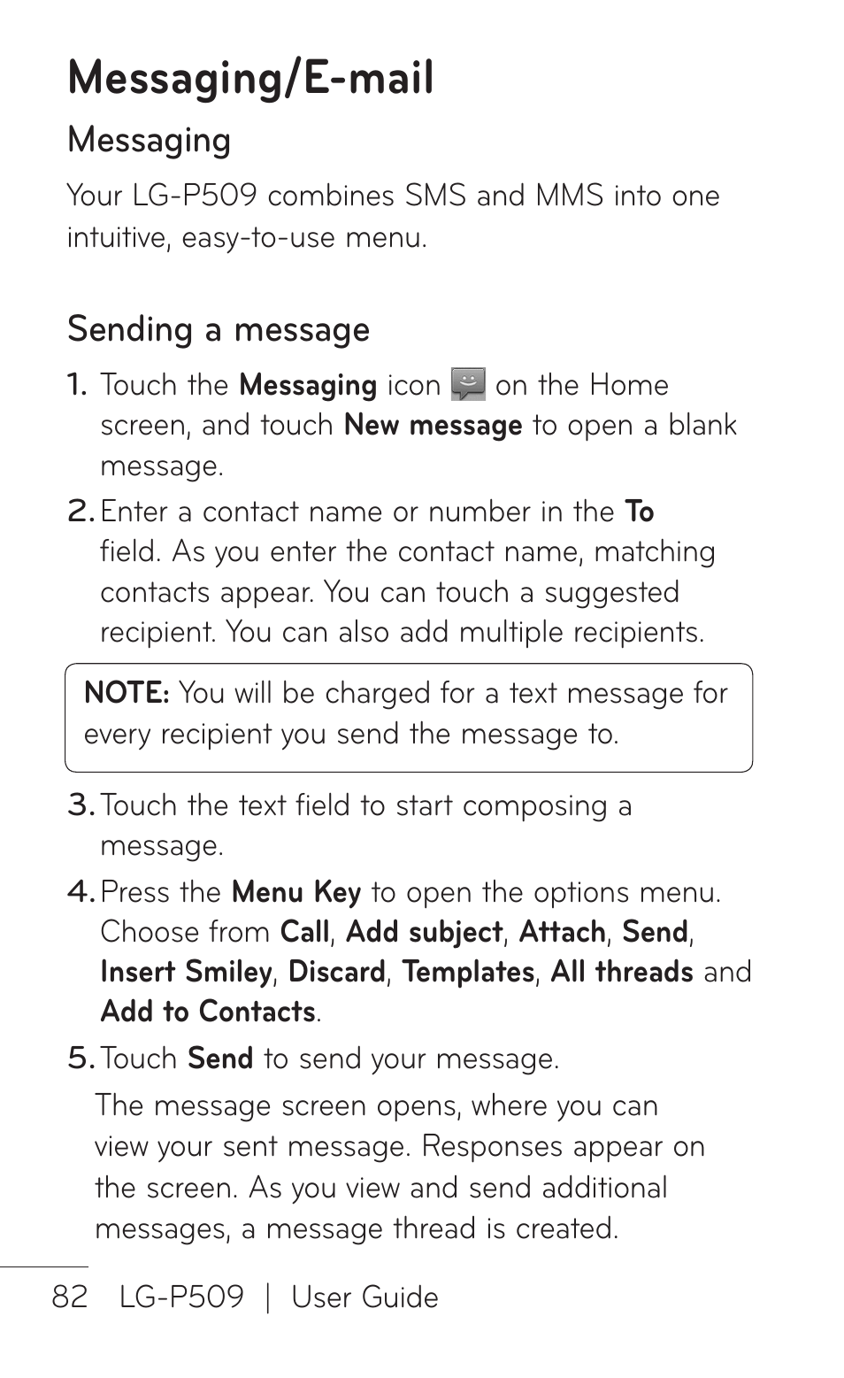 Messaging/e-mail, Messaging, Sending a message | LG LGP509 User Manual | Page 82 / 396