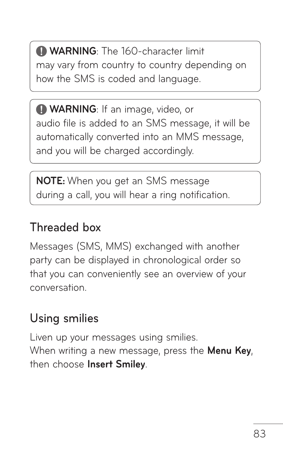 Threaded box, Using smilies | LG LGP509 User Manual | Page 83 / 396