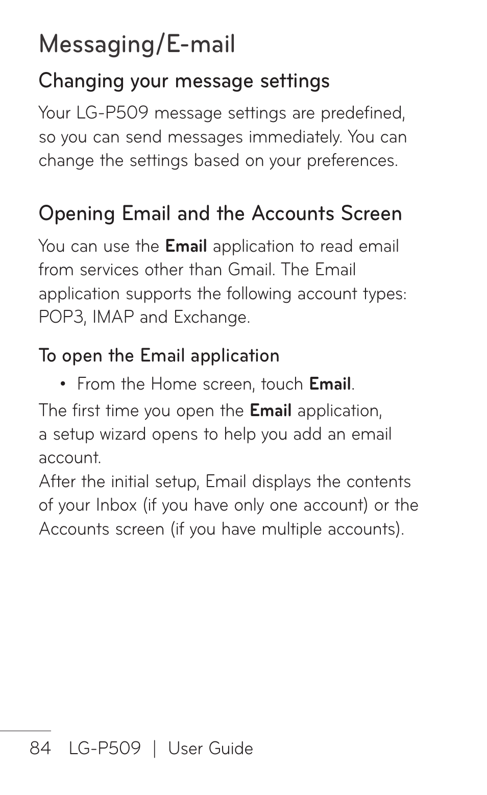 Changing your message settings, Opening email and the accounts screen, Messaging/e-mail | LG LGP509 User Manual | Page 84 / 396