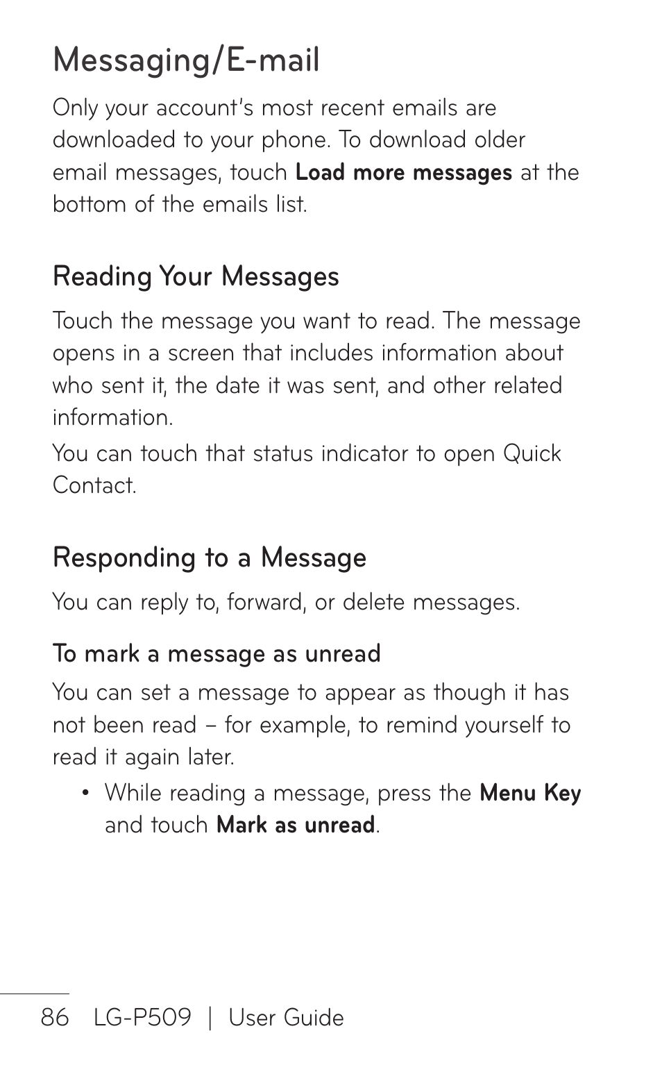 Reading your messages, Responding to a message, Messaging/e-mail | LG LGP509 User Manual | Page 86 / 396